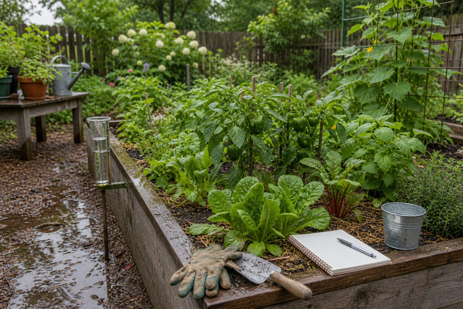Beginner raised vegetable garden after heavy rain with damp mulch, shallow puddles, rain gauge, gloves, hand trowel, bucket, and blank notebook