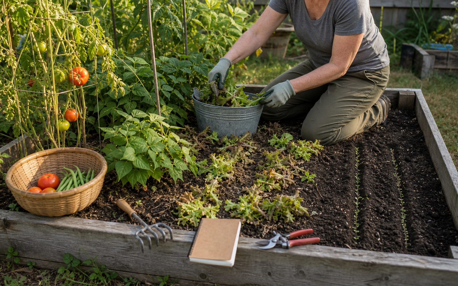 Gardener clearing finished greens beside productive tomatoes, harvested beans, and newly seeded rows in an August raised bed