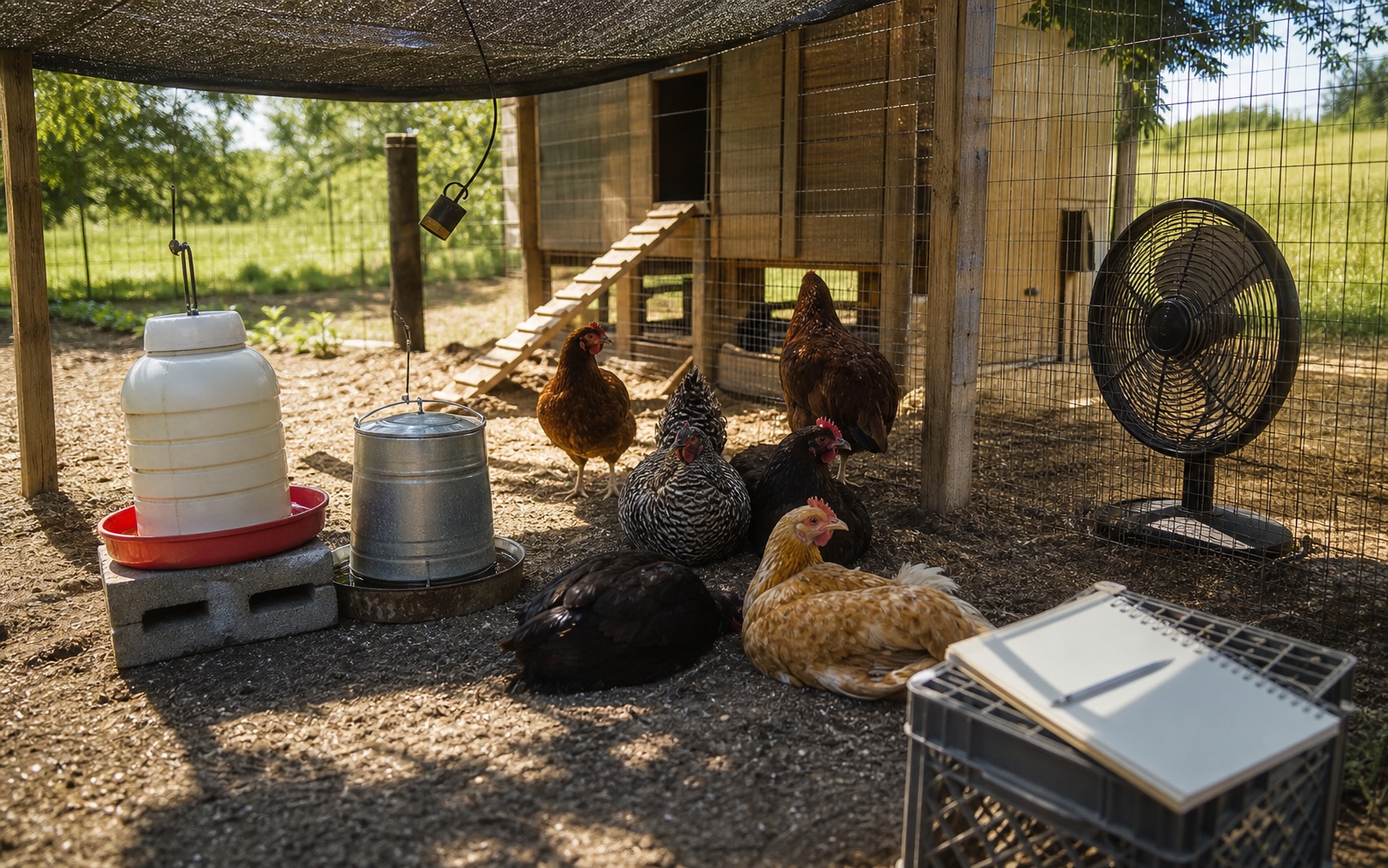 Backyard chickens resting in shade with clean waterers, shade cloth, a fan outside the run, and a summer weather notebook