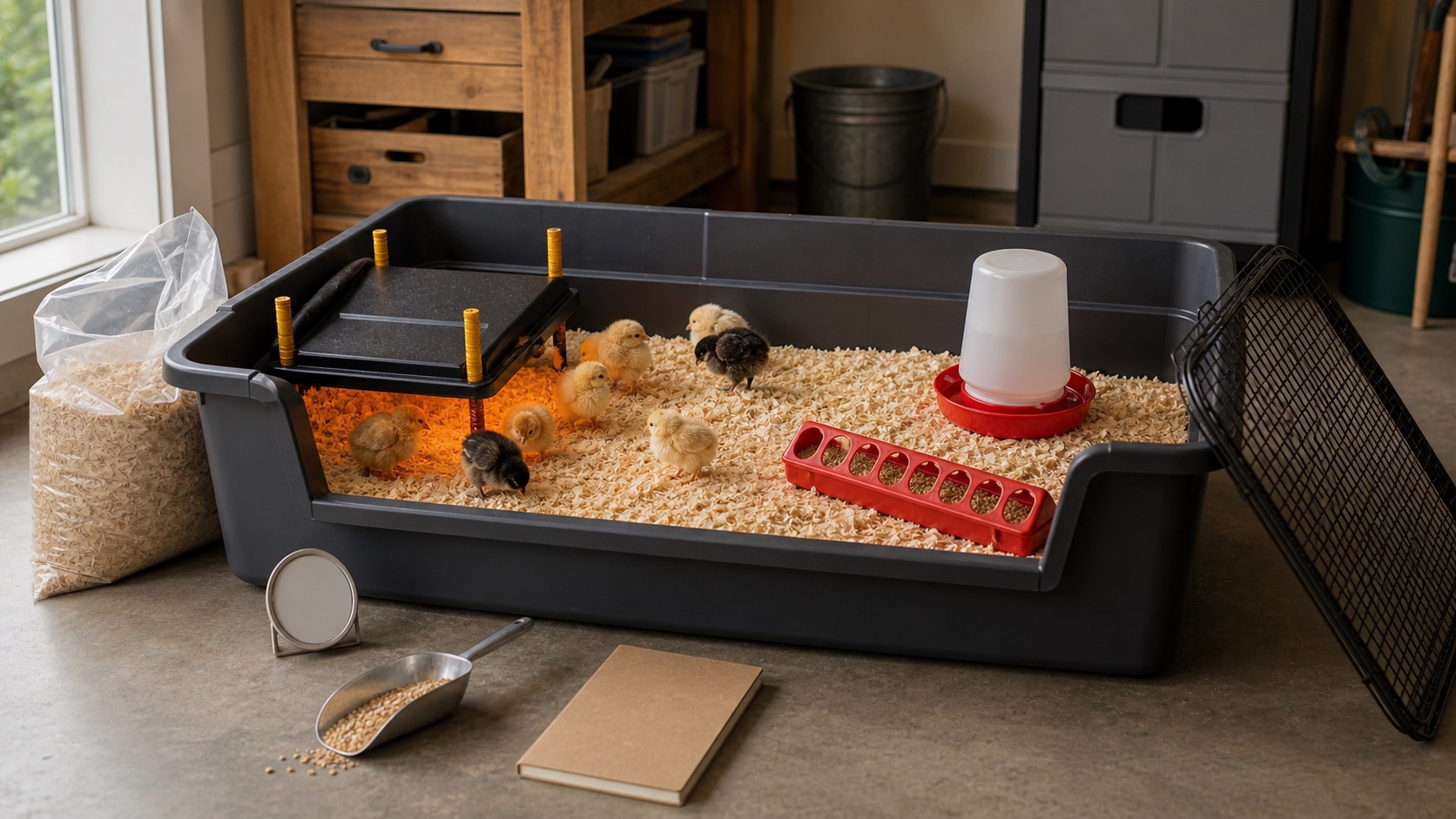 Beginner chick brooder with pine shavings, brooder heating plate, chick feeder, waterer, thermometer, bedding, feed scoop, notebook, mesh cover, and healthy chicks