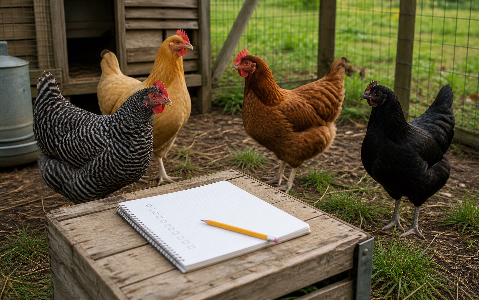 A small mixed flock of hens near a simple coop with a blank checklist notebook for choosing beginner chicken breeds