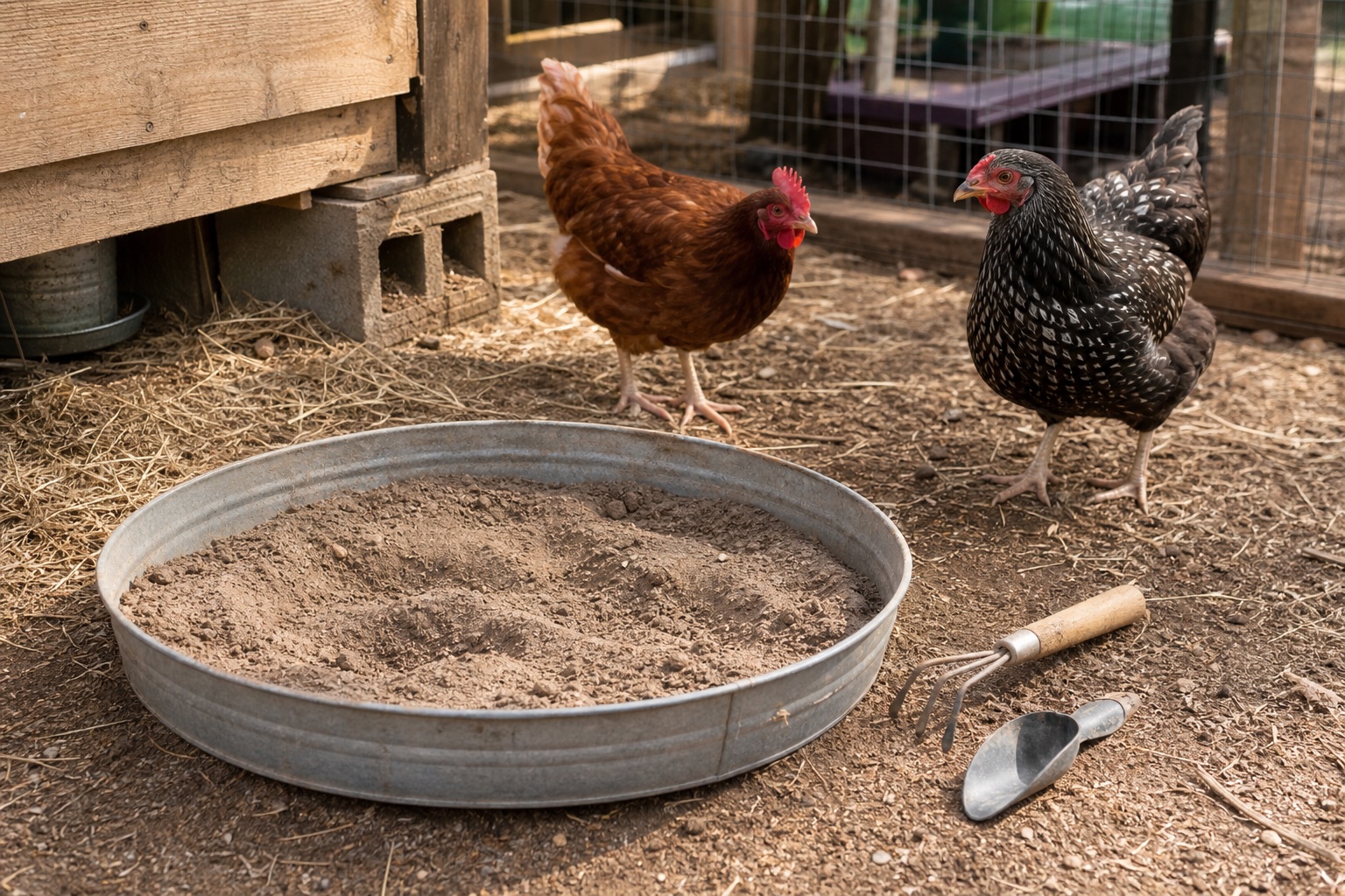 Shallow galvanized chicken dust bath filled with dry soil and sand inside a backyard chicken run with two hens nearby