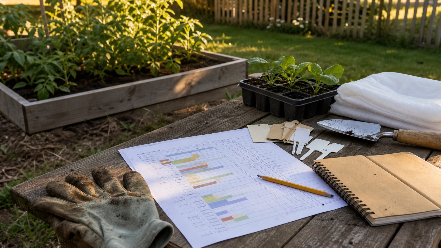 A garden planning calendar, seedlings, row cover, gloves, and seed-starting supplies on a wooden table beside a small raised vegetable bed