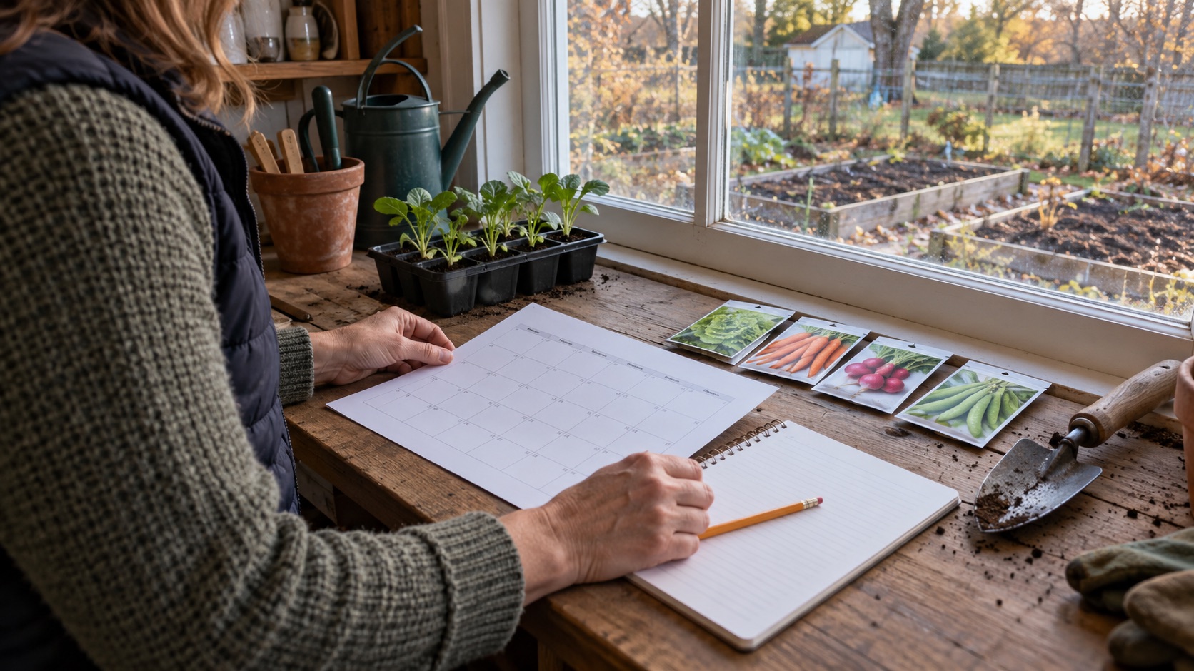A gardener planning spring seed dates at a potting bench beside a small fall vegetable garden