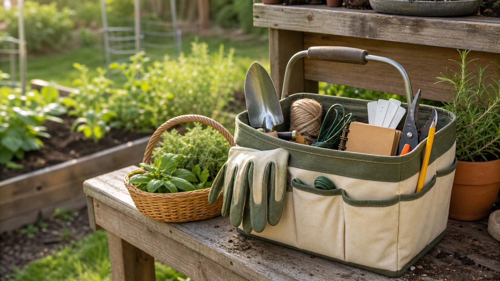 Canvas garden tool caddy on a weathered potting bench with gloves, hand trowel, pruners, twine, plant labels, pencil, notebook, herbs, and raised beds in the background