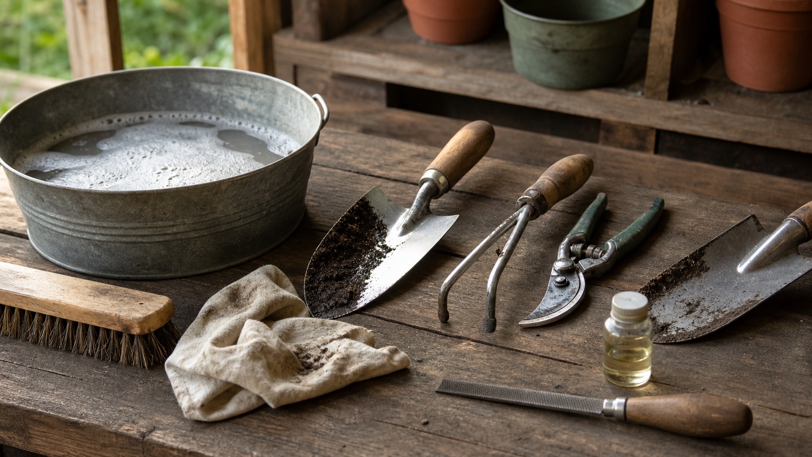 Dirty garden trowels, hand cultivator, pruning shears, brush, file, rag, tool oil, and soapy water arranged for cleaning on a wooden potting bench