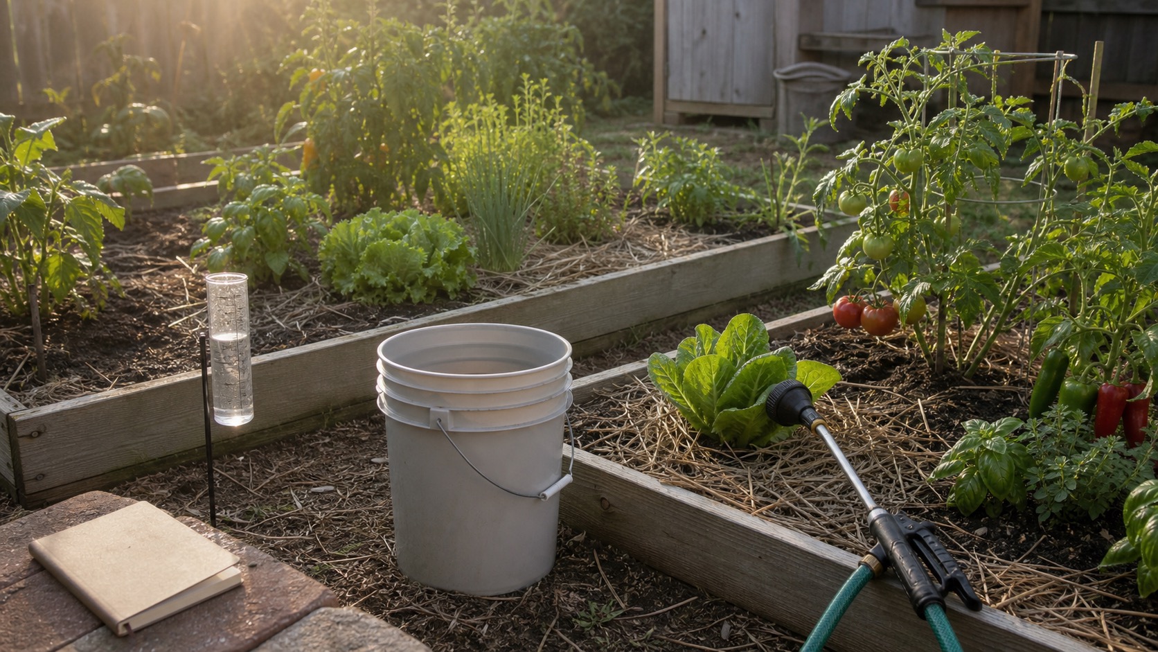 Morning vegetable garden with raised beds, straw mulch, a watering wand, rain gauge, five-gallon bucket, and a plain garden notebook