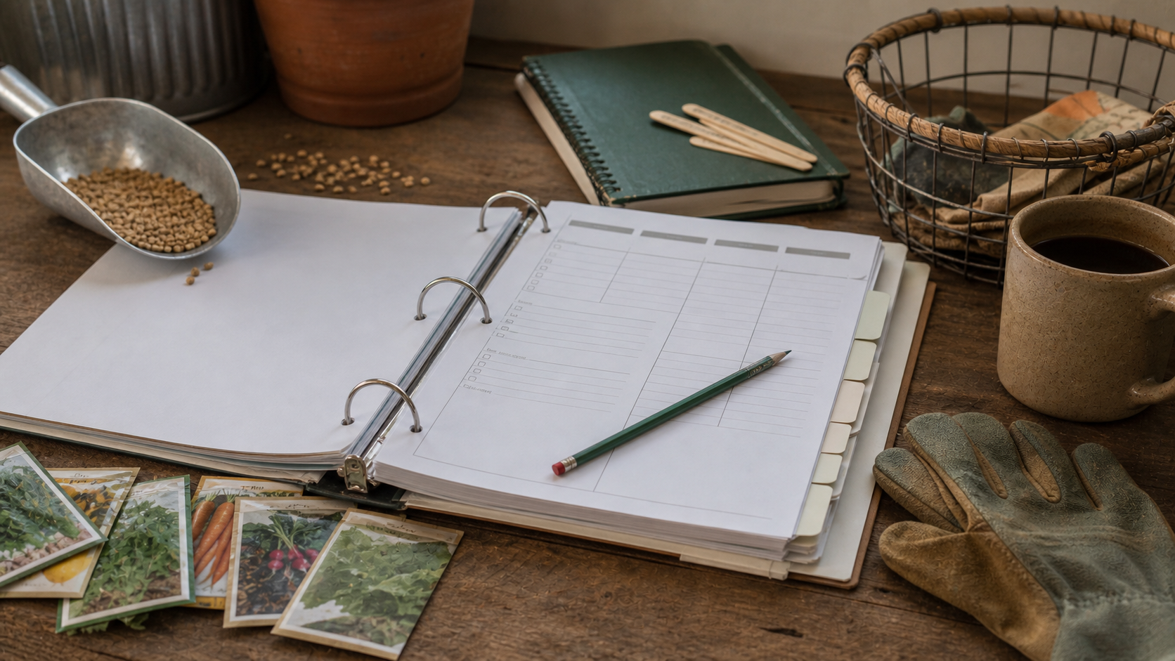 Open homestead binder with blank planner pages, tab dividers, seed packets, work gloves, a feed scoop, and a mug on a wooden table