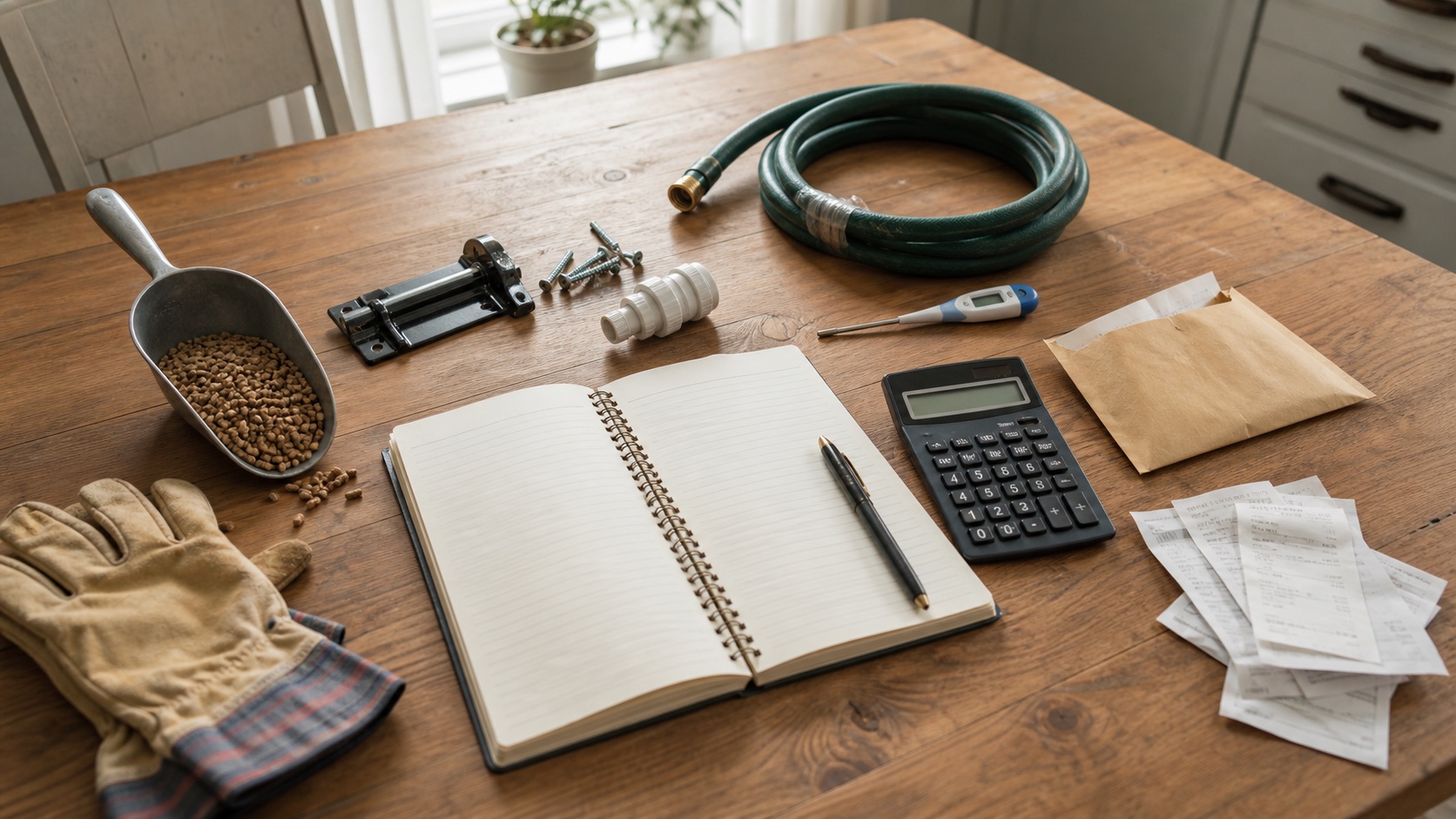 Homestead emergency fund planning table with a calculator, savings envelope, receipts, feed scoop, gate latch, hose fitting, gloves, and notebook