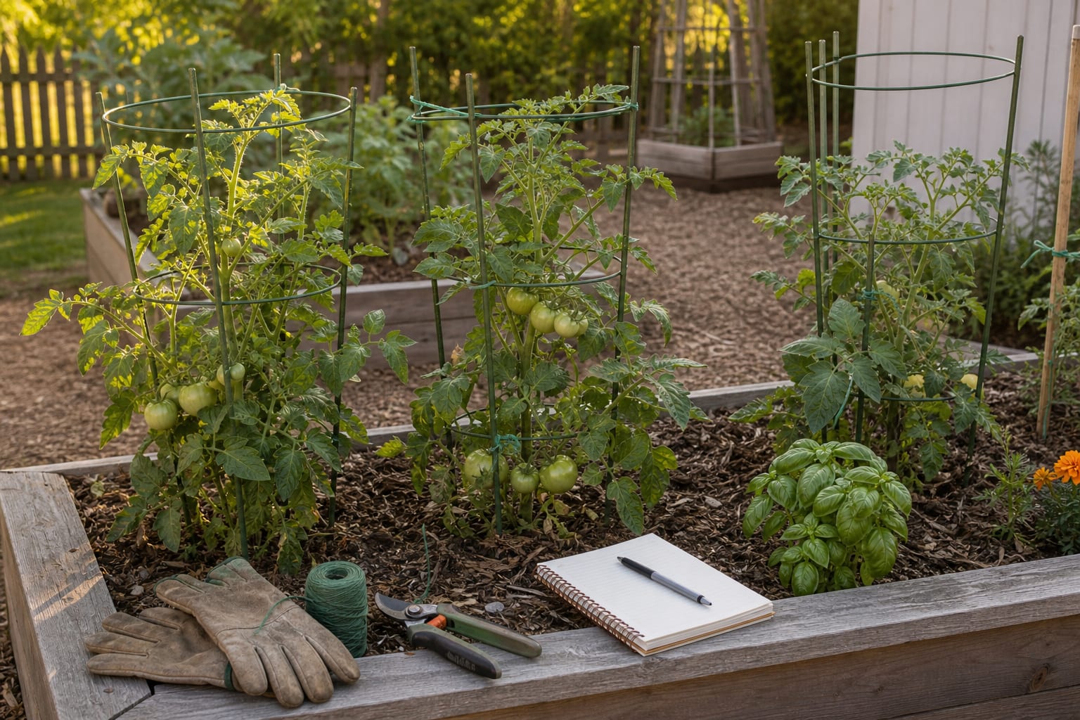 Beginner raised bed with tomato plants supported by cages and stakes beside garden gloves, twine, hand pruners, and a blank notebook