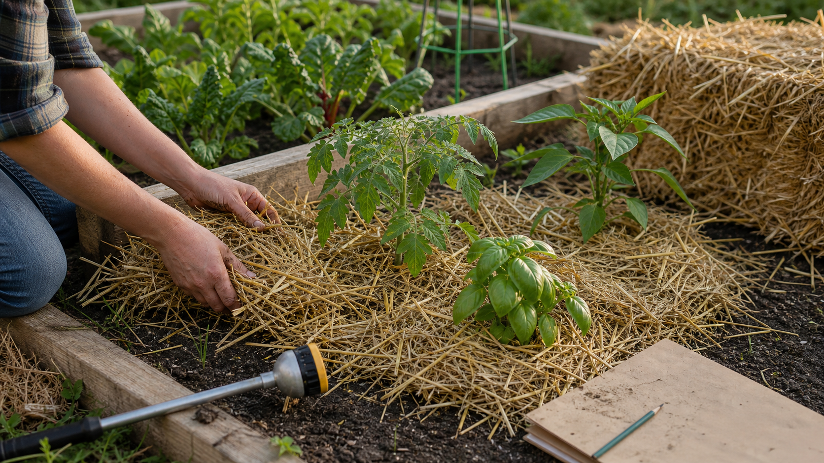 Hands spreading straw mulch around young tomato, pepper, and basil plants in a raised vegetable garden bed