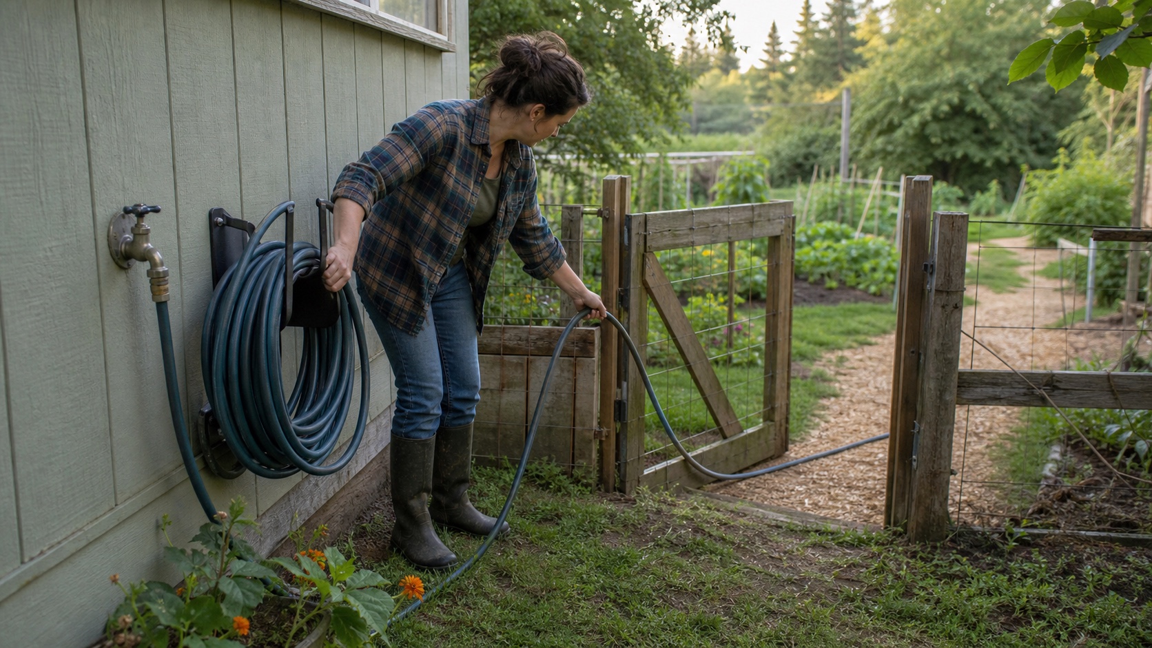 A homesteader uncoils a dark teal garden hose from a wall hanger and routes it beside an open garden gate instead of across the walking path