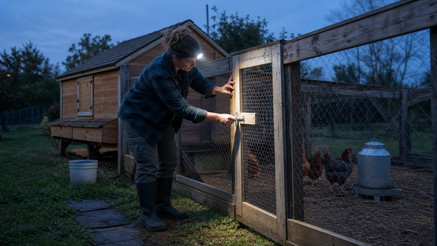 A person wearing a headlamp while fastening a chicken run gate latch at blue hour