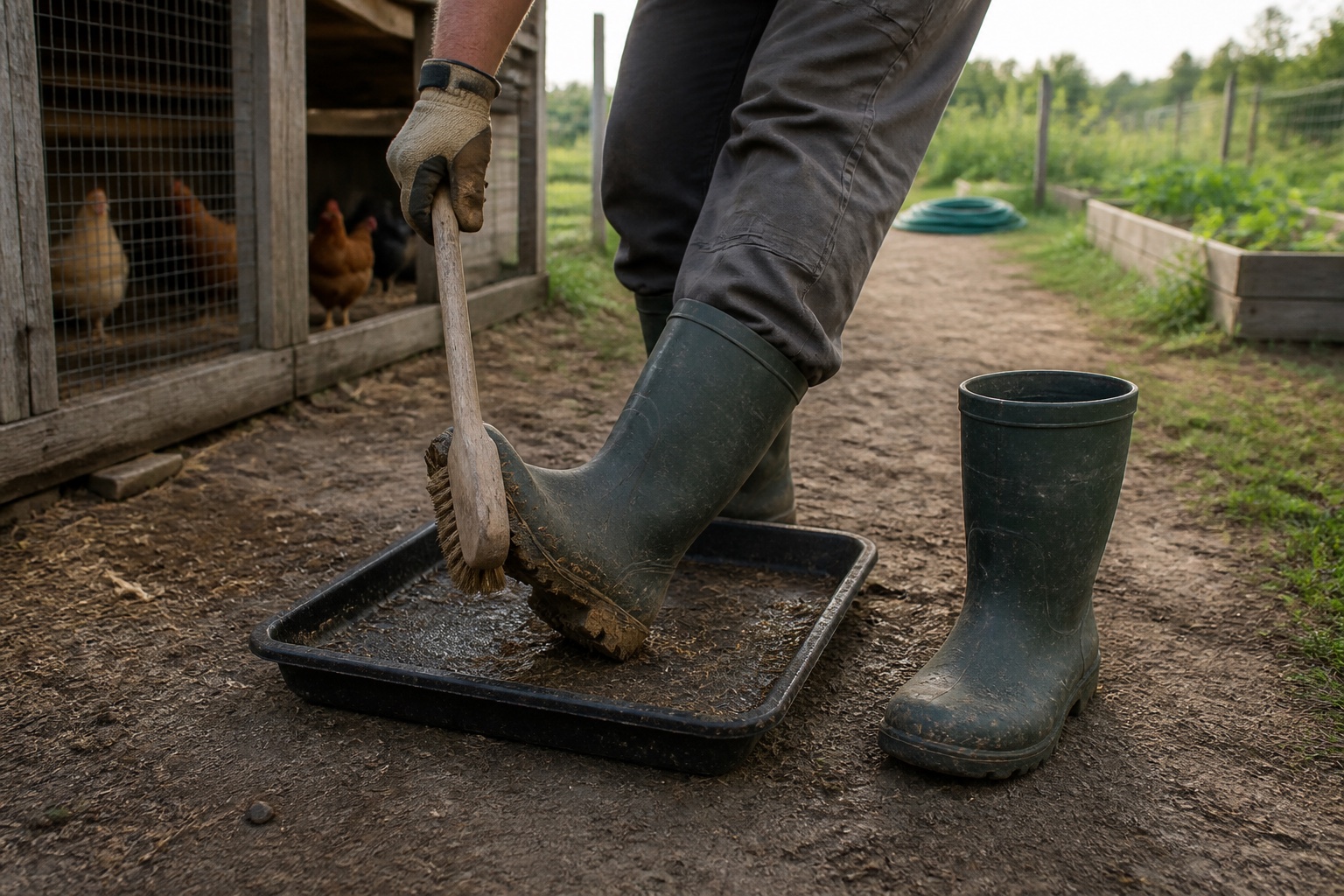 A homesteader brushes dried mud and straw from a dedicated rubber boot on an outdoor tray between a chicken run and vegetable garden