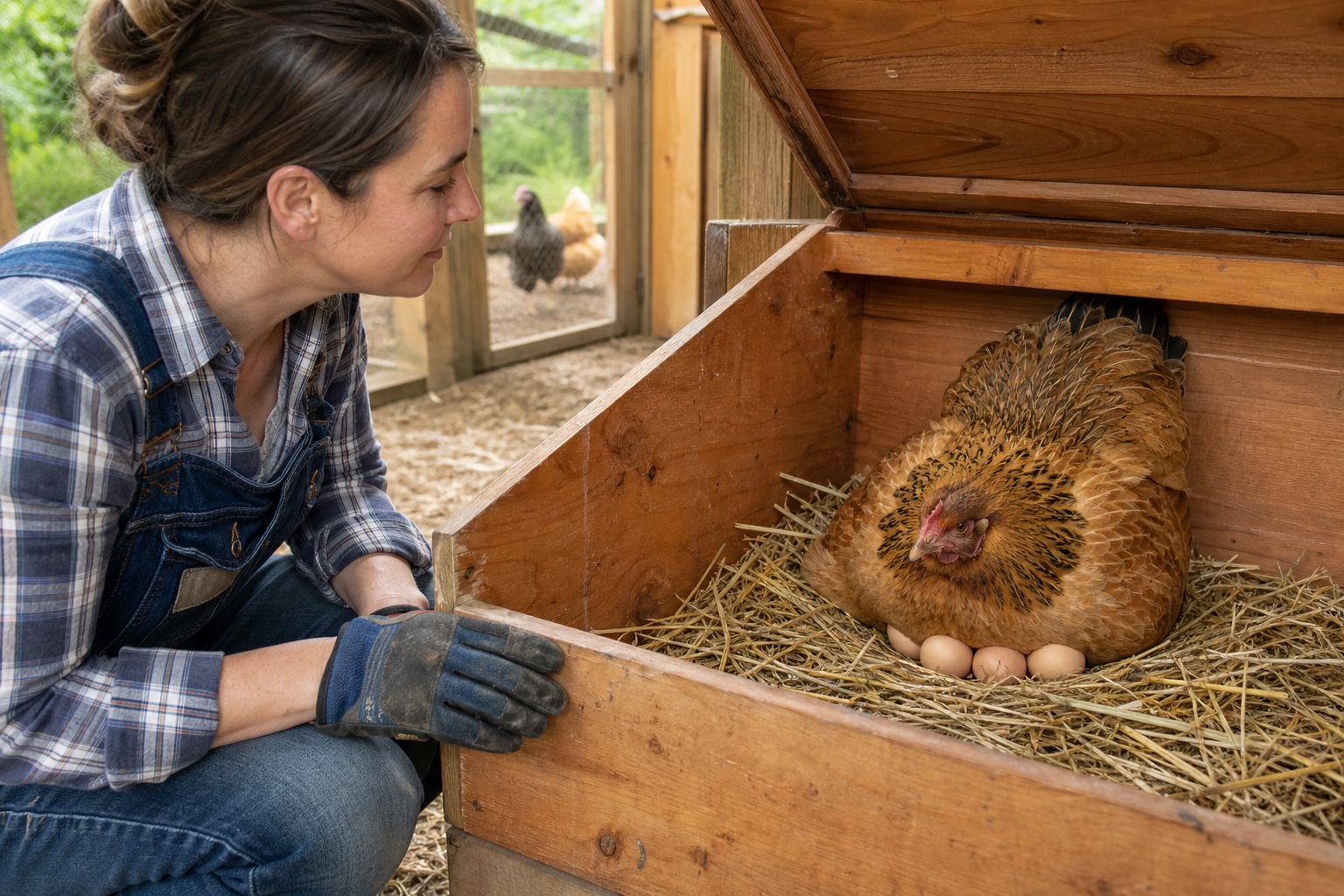 Keeper calmly checking a buff hen settled low over eggs in a wooden nest box