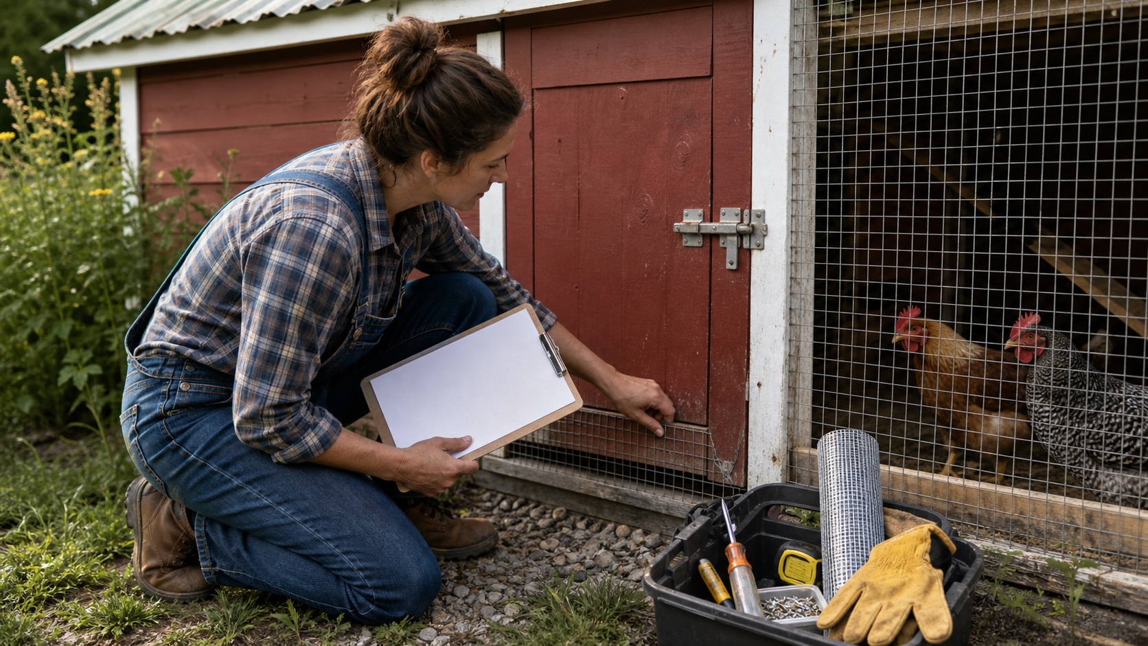 A homesteader inspecting a chicken coop latch and lower hardware cloth while holding a blank maintenance clipboard