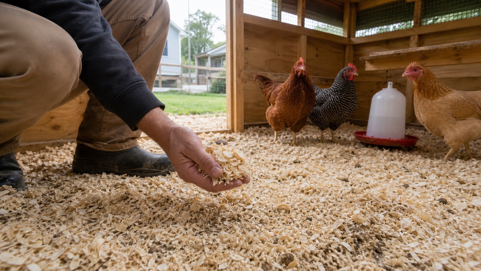 A homesteader checking dry large-flake pine shavings by hand inside a ventilated backyard chicken coop with three hens