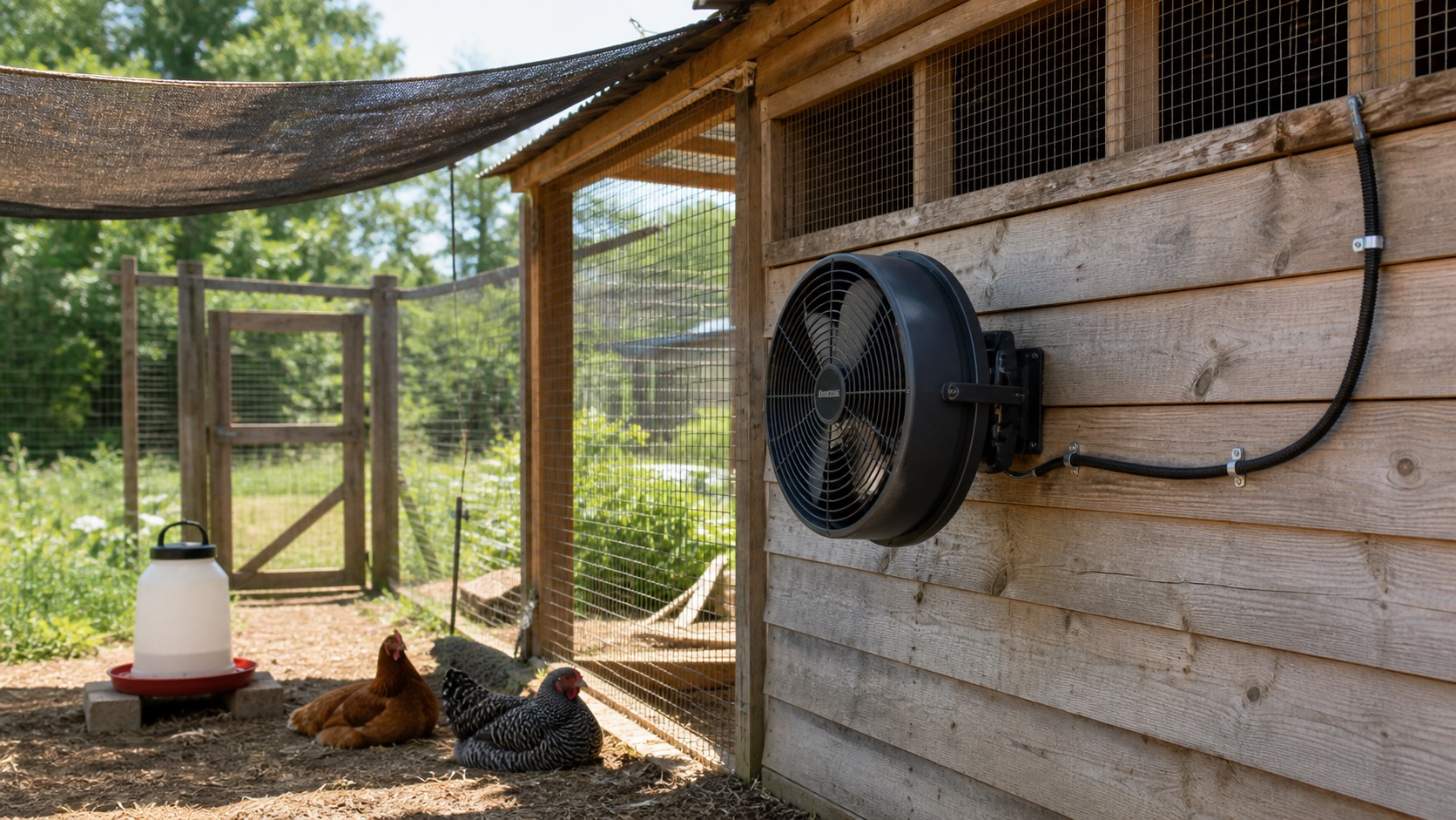 A small fan mounted outside a wooden chicken coop with protected cord routing, shade cloth, a clean waterer, and two hens resting in the shaded run