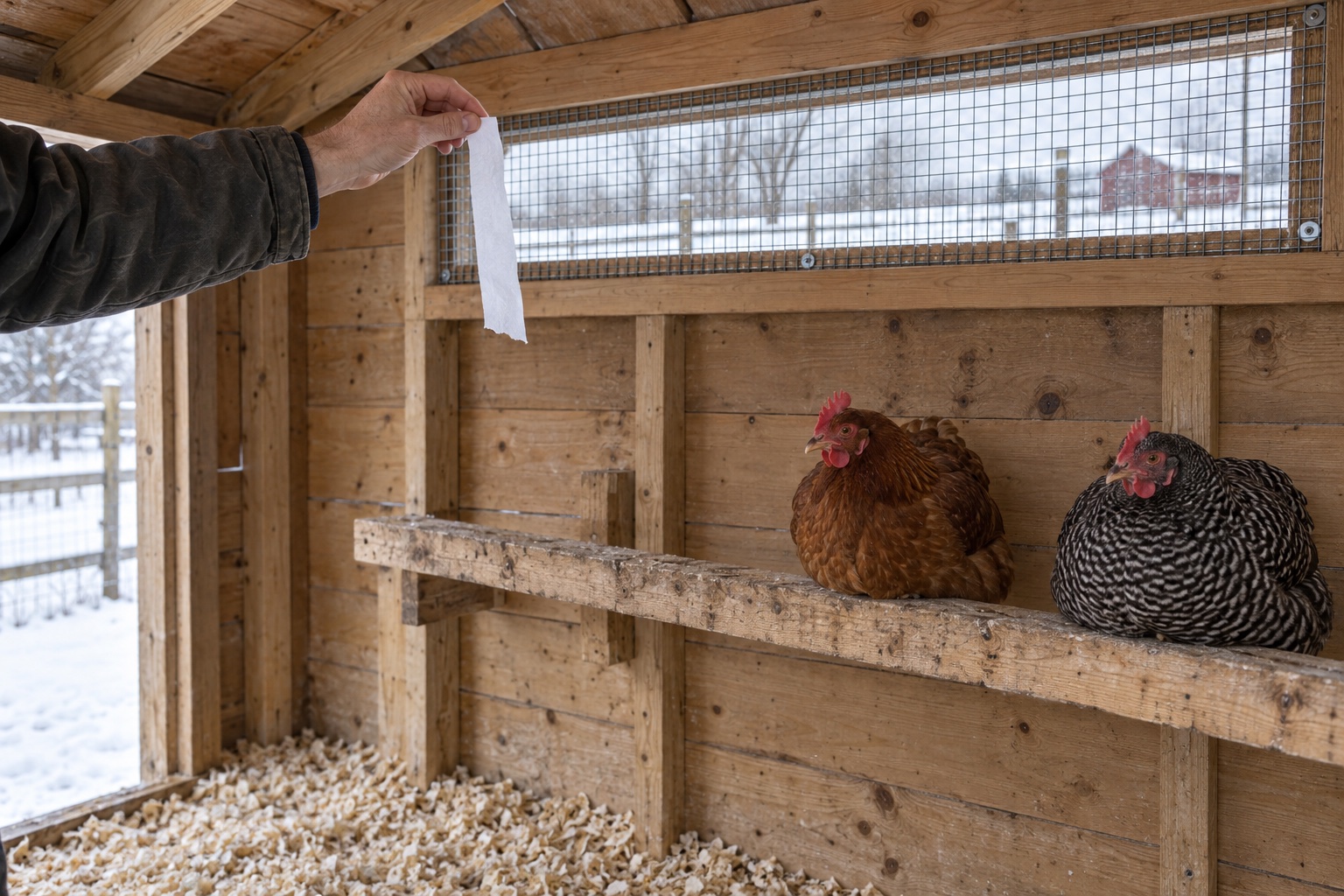 Hand checking airflow with tissue at a high screened chicken-coop vent above a winter roost