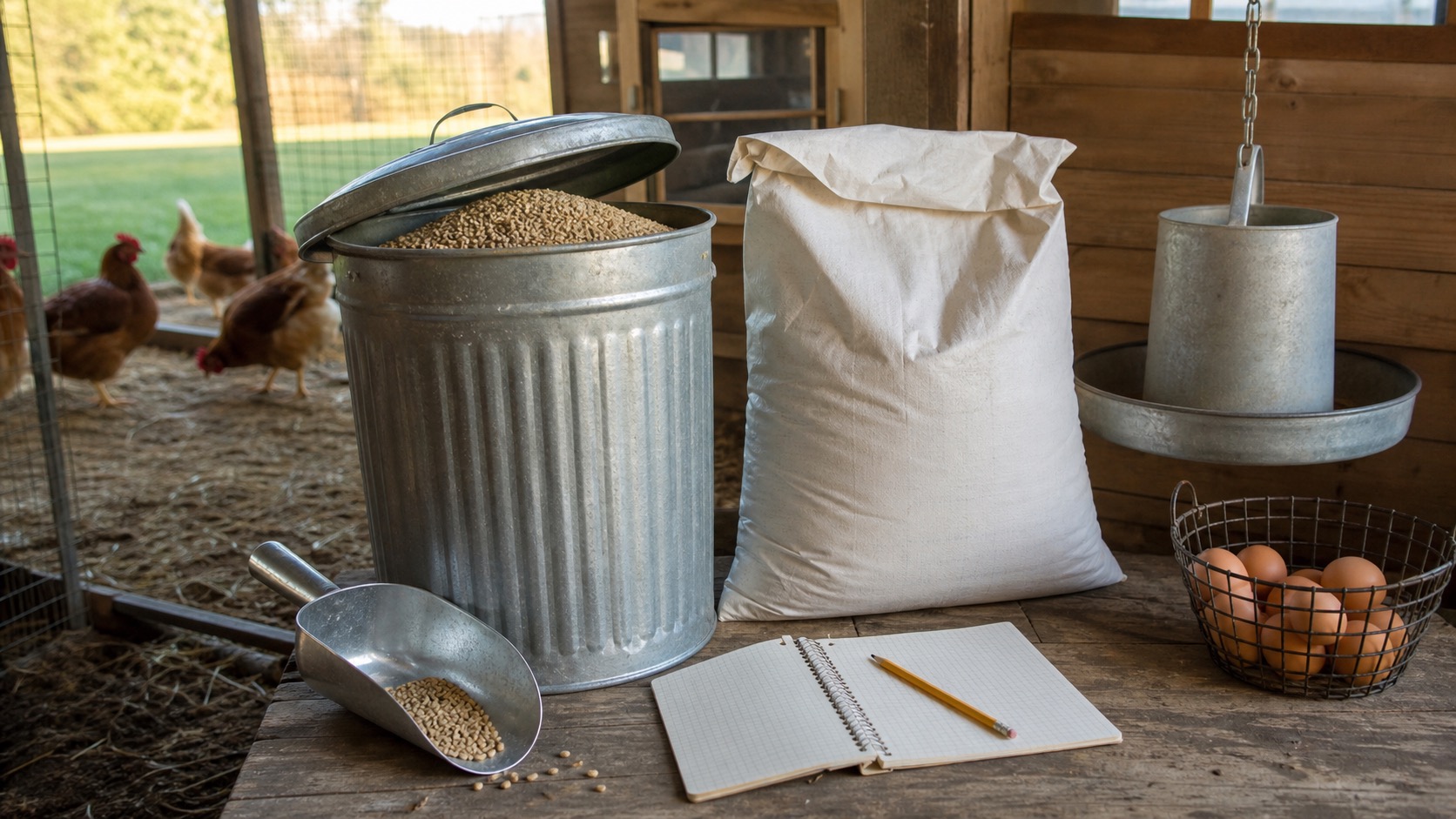 Chicken feed storage setup with a galvanized feed can, plain feed bag, scoop, feeder, eggs, and a budget notebook