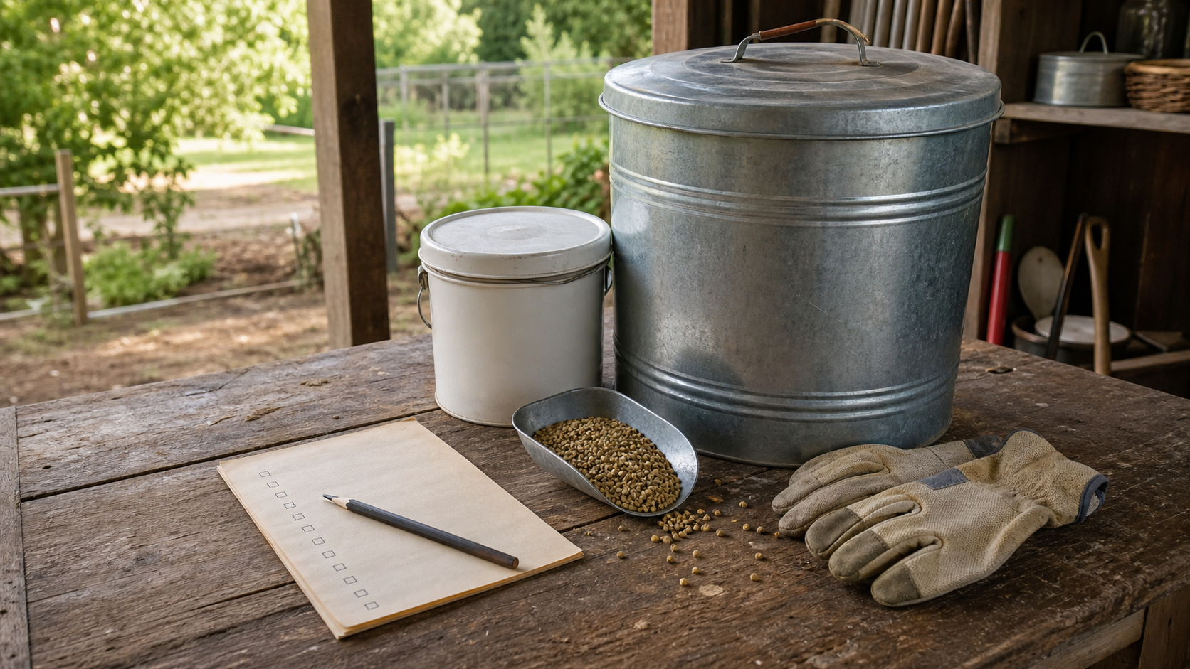 Sealed galvanized chicken feed can, smaller lidded bucket, feed scoop, work gloves, and checklist on a wooden workbench