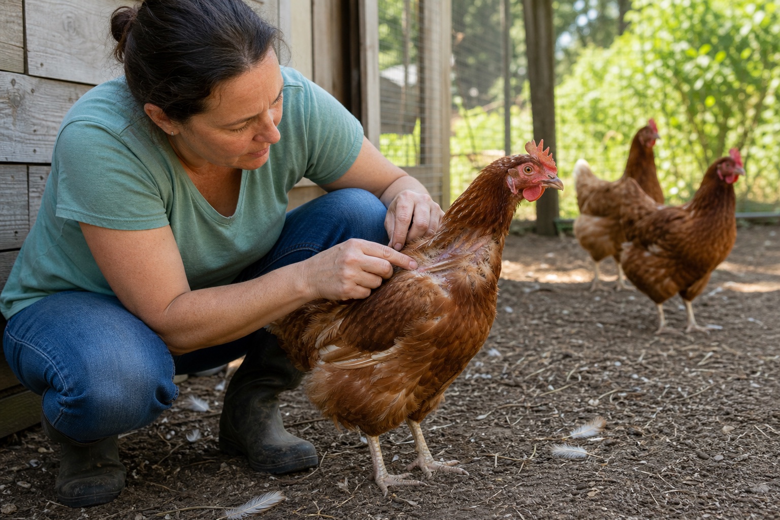 Keeper gently checking new pin feathers on a healthy red hen during a normal molt