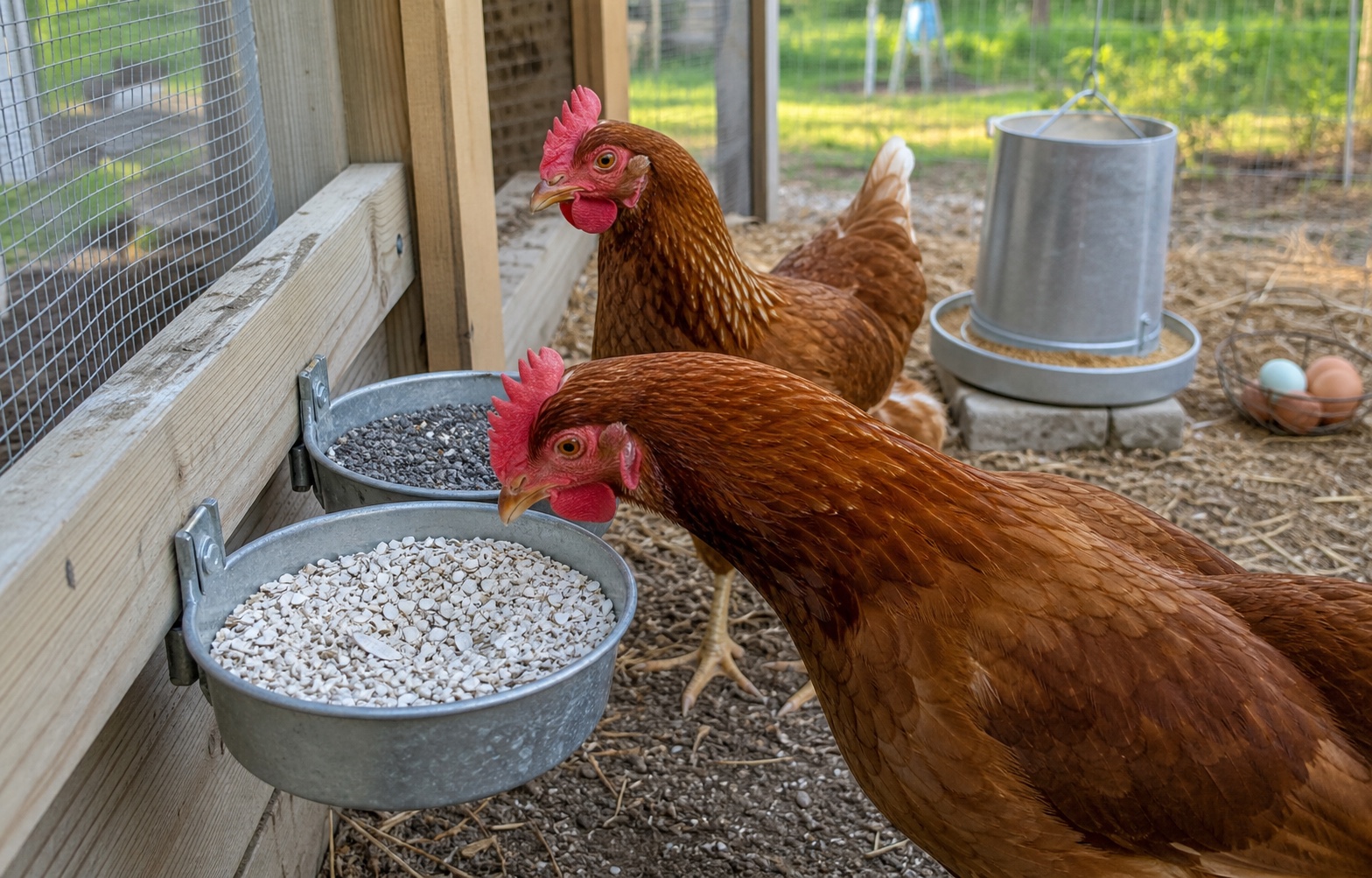 Adult laying hens beside separate cups of coarse white oyster shell and dark granite poultry grit in a backyard run