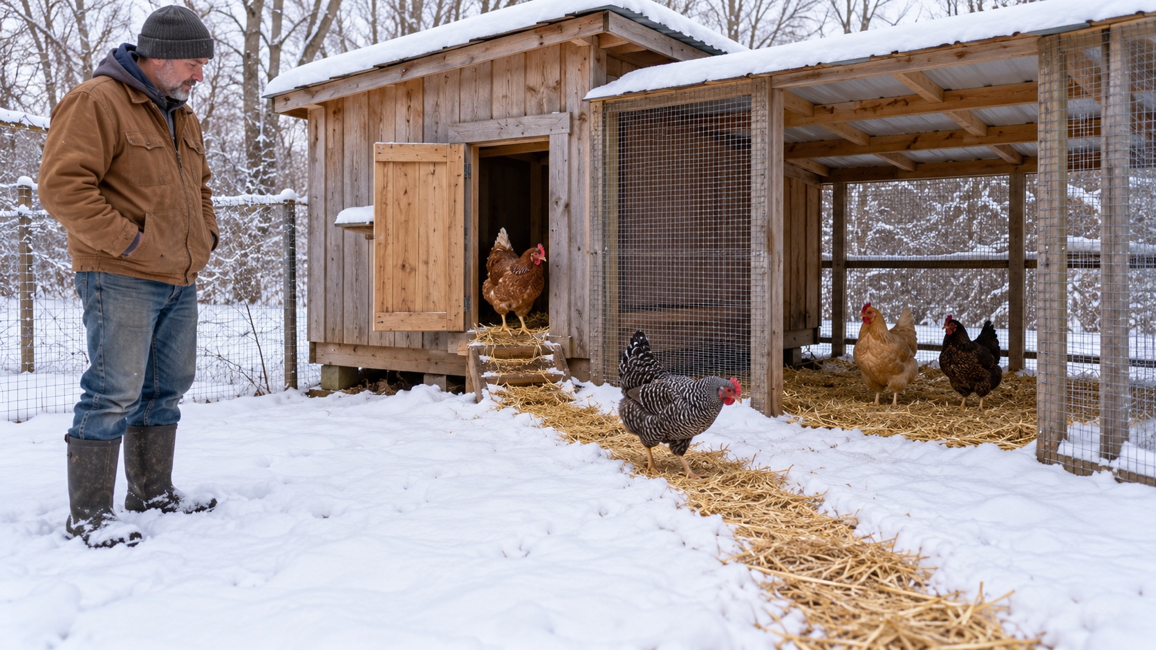 Adult hens choosing between a dry covered run and a straw path laid across light snow outside their coop