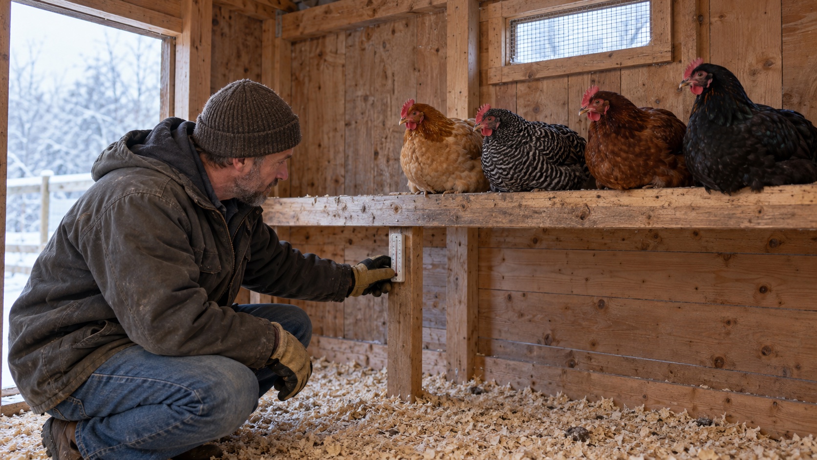 Man checking a small thermometer at chicken-roost height in a dry wooden coop during winter