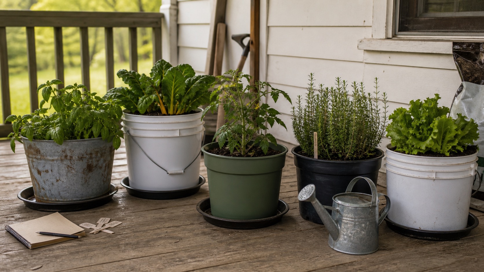 Container garden on a modest porch with herbs, greens, a tomato plant, watering can, and garden notebook