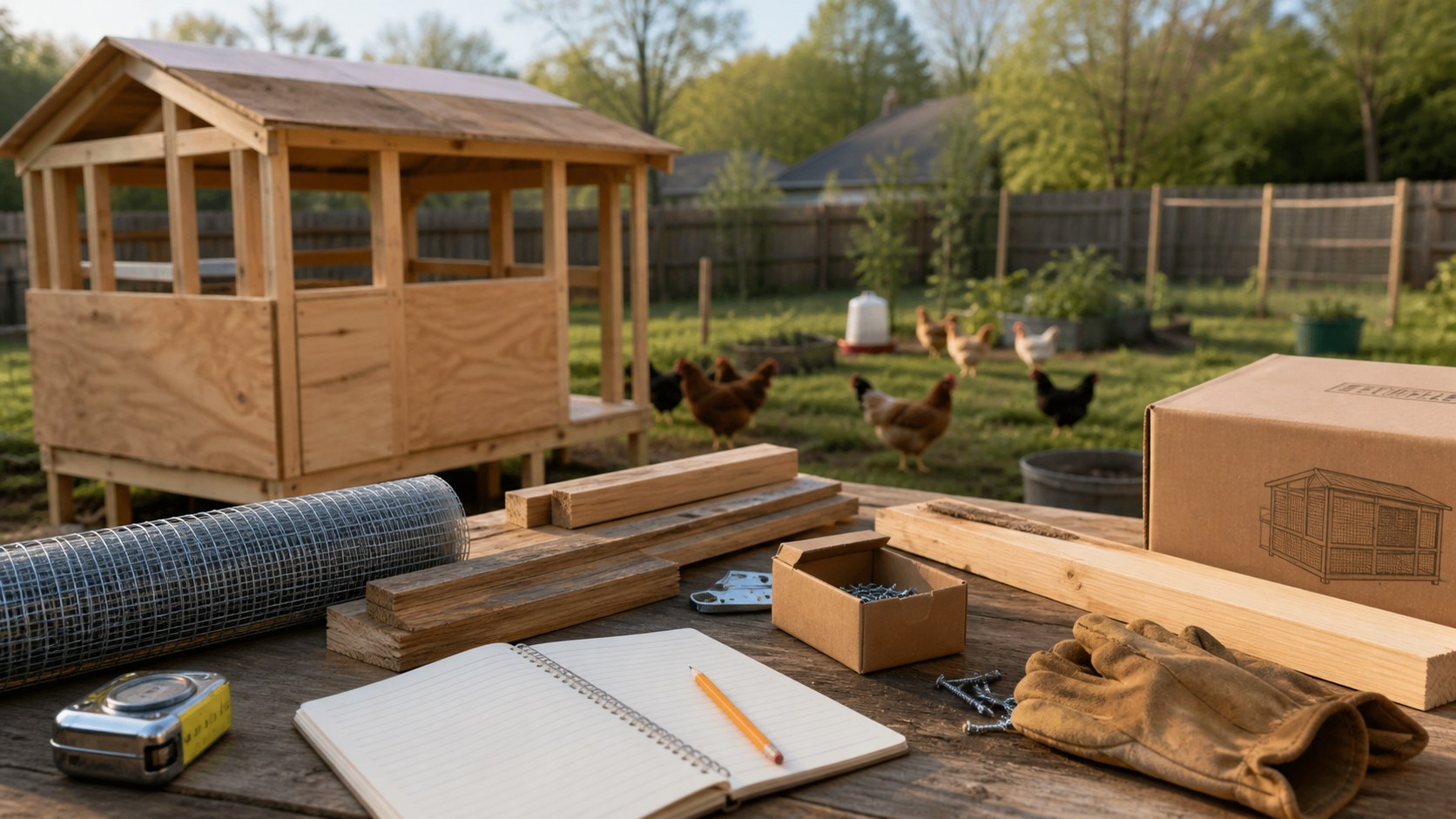 Chicken coop build-or-buy decision scene with an unfinished coop frame, lumber, hardware cloth, screws, work gloves, notebook, and chickens in the yard