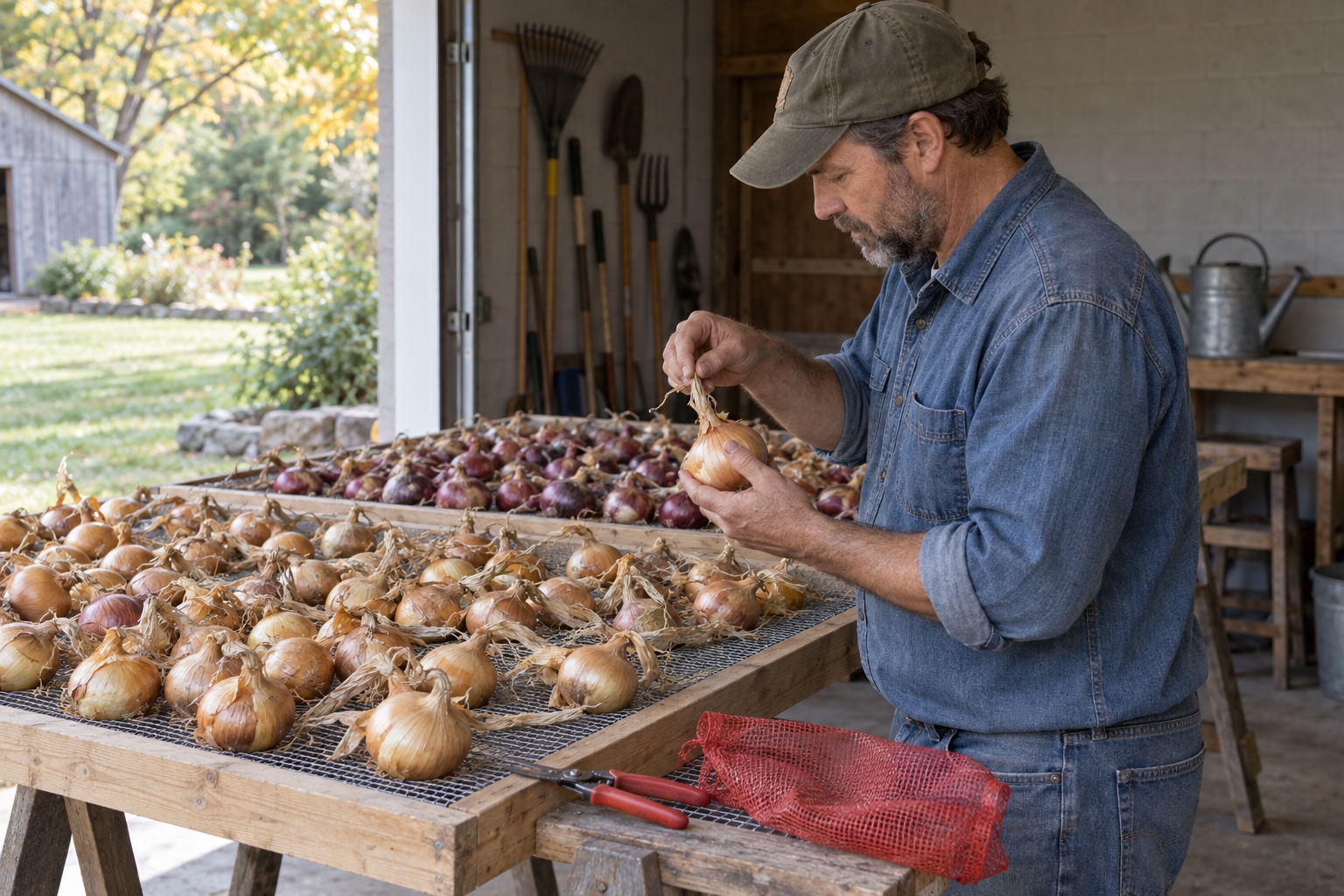 Man checking the dry neck of a yellow onion beside red and yellow onions curing in one layer on screened racks