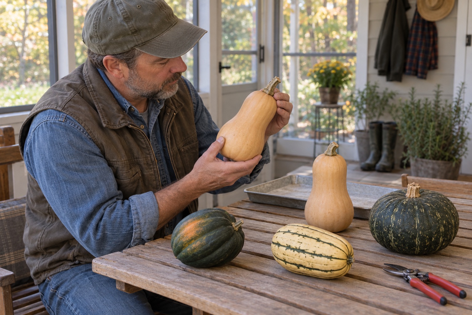 Man checking the rind and intact stem of a butternut squash beside several winter squash spaced on a slatted table