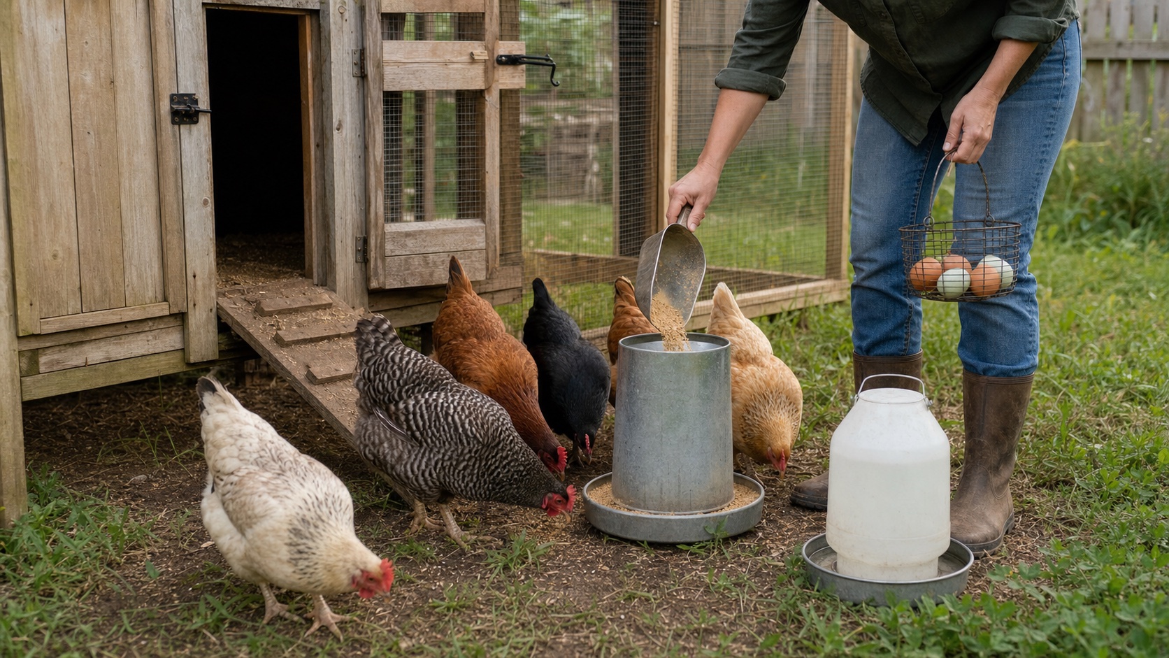 Morning backyard chicken care with mixed hens beside a secure wooden coop while an adult refills a metal feeder near a clean waterer and carries an egg basket