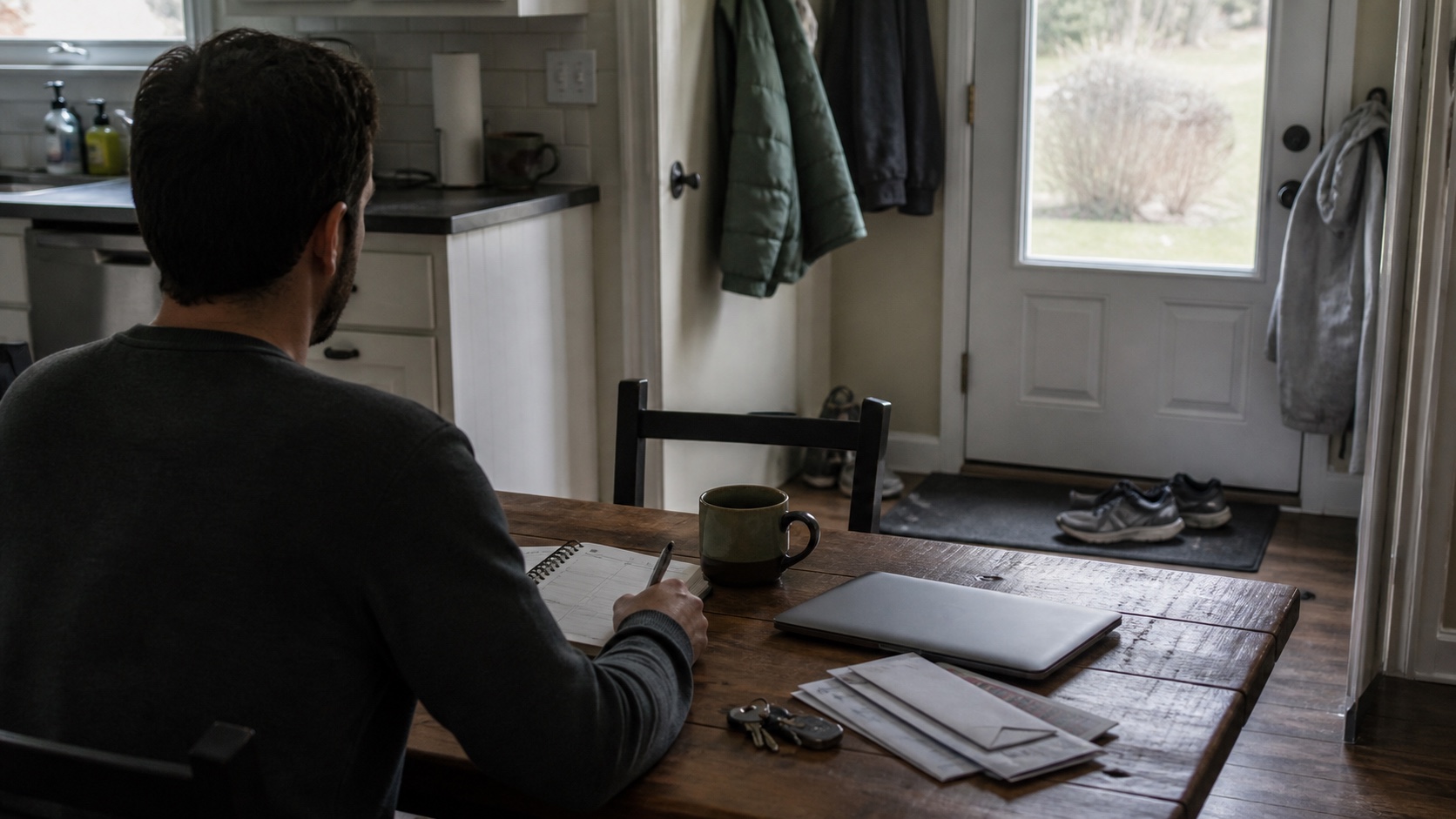 A man planning his day at a modest kitchen table with a closed laptop, coffee, household mail, and walking shoes near the door