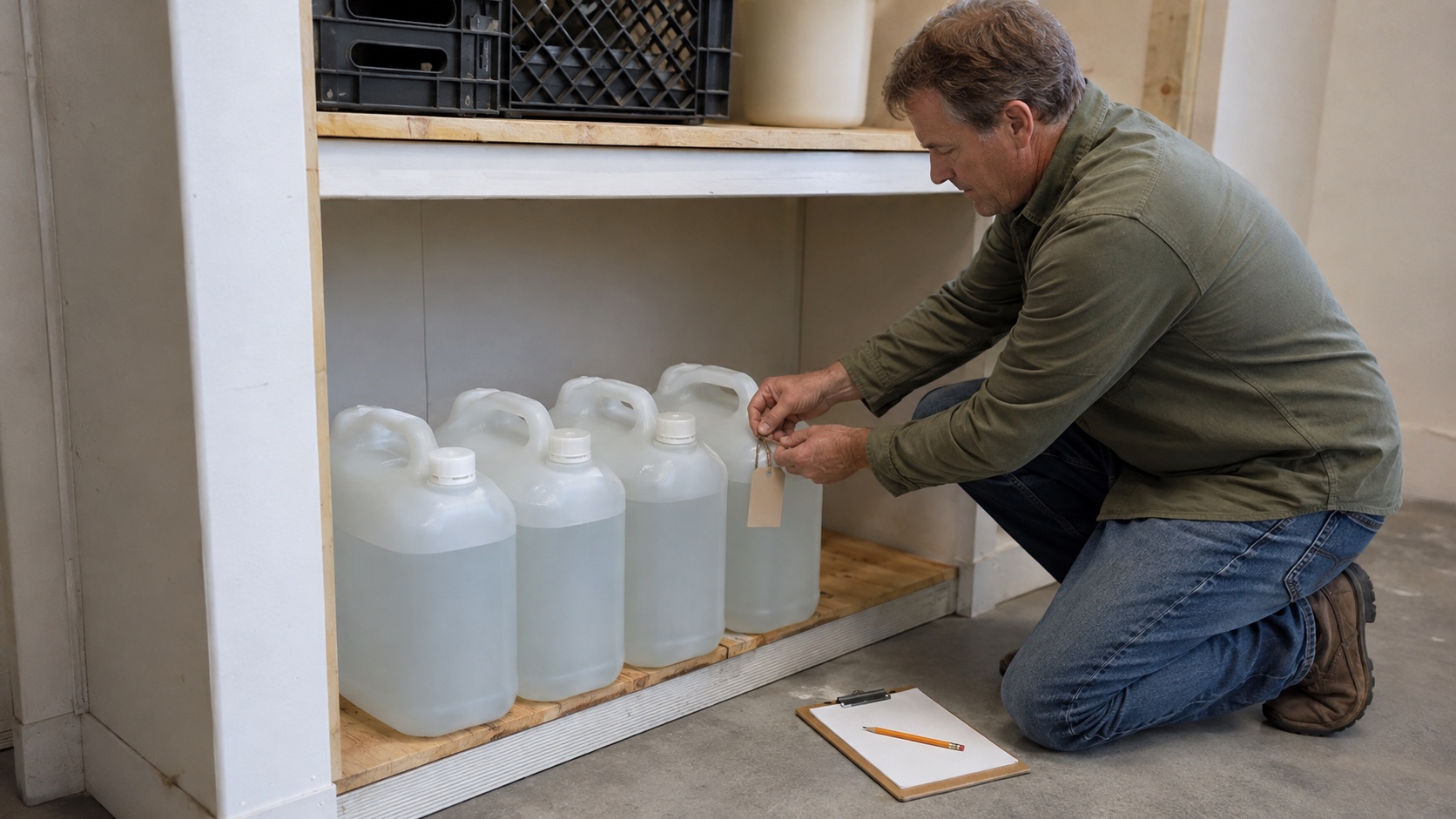 A man ties a date tag onto one of five capped emergency water containers in a clean indoor storage alcove