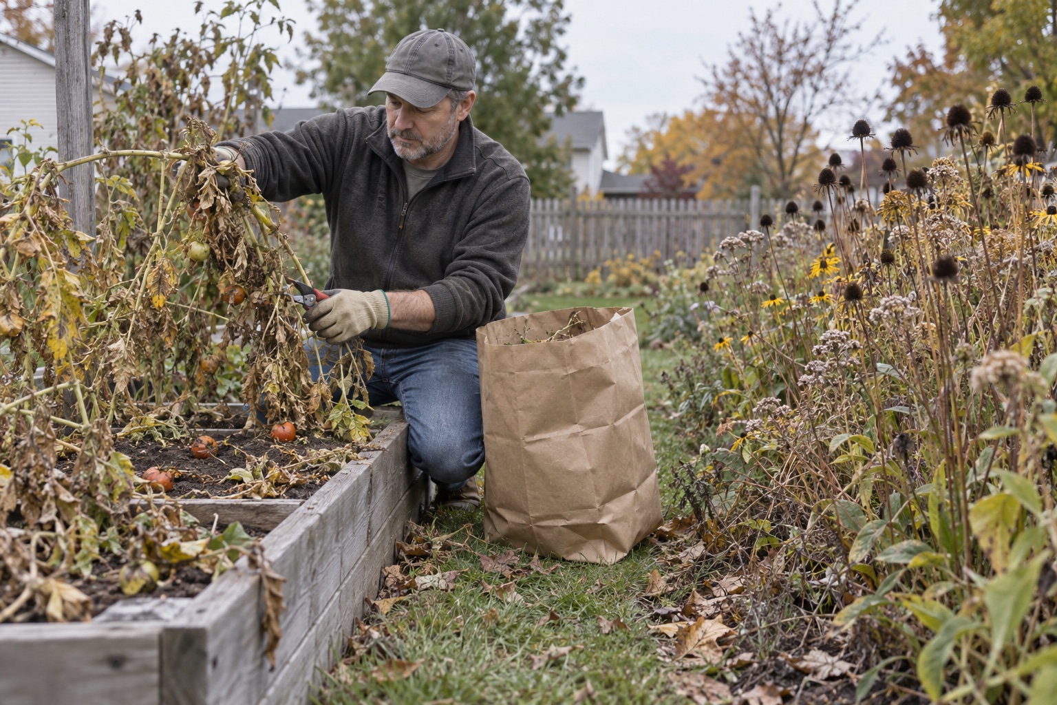 Man removing spent tomato vines from a raised bed while leaving an adjacent border of dry coneflower stems standing