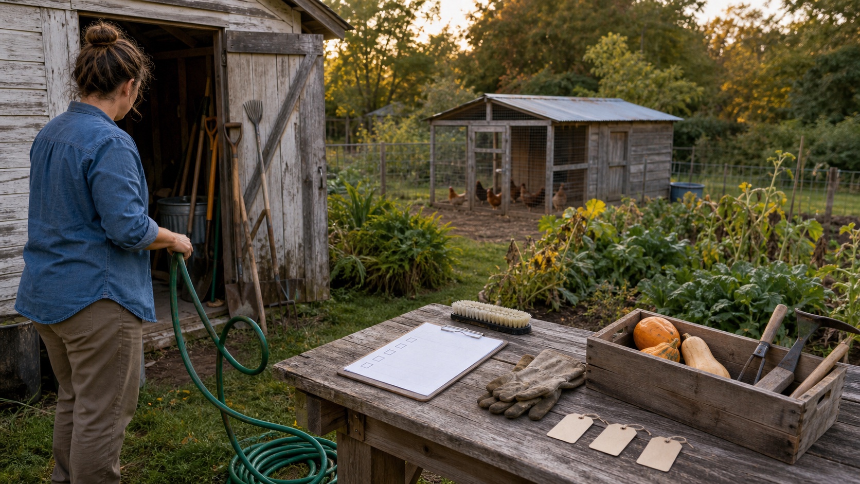 A person draining a garden hose beside cleaned tools, winter squash, a checklist, a late-summer garden, and an enclosed chicken coop