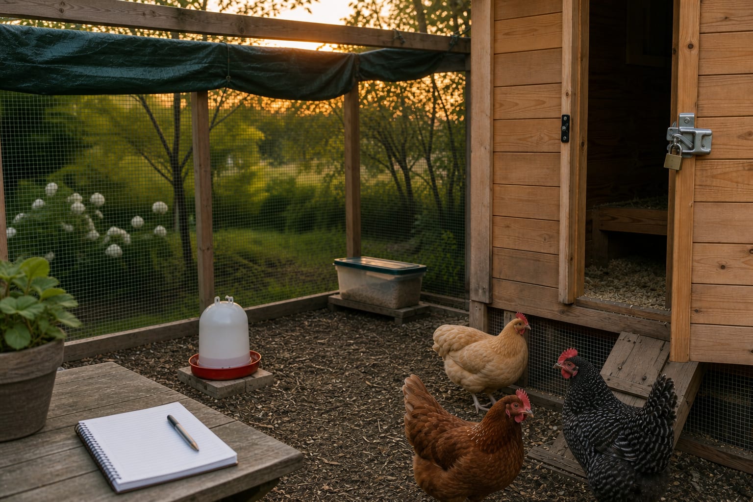 Backyard chicken coop at dusk with hens near a secured latch, covered run, waterer, feed bin, and blank checklist on a wooden table