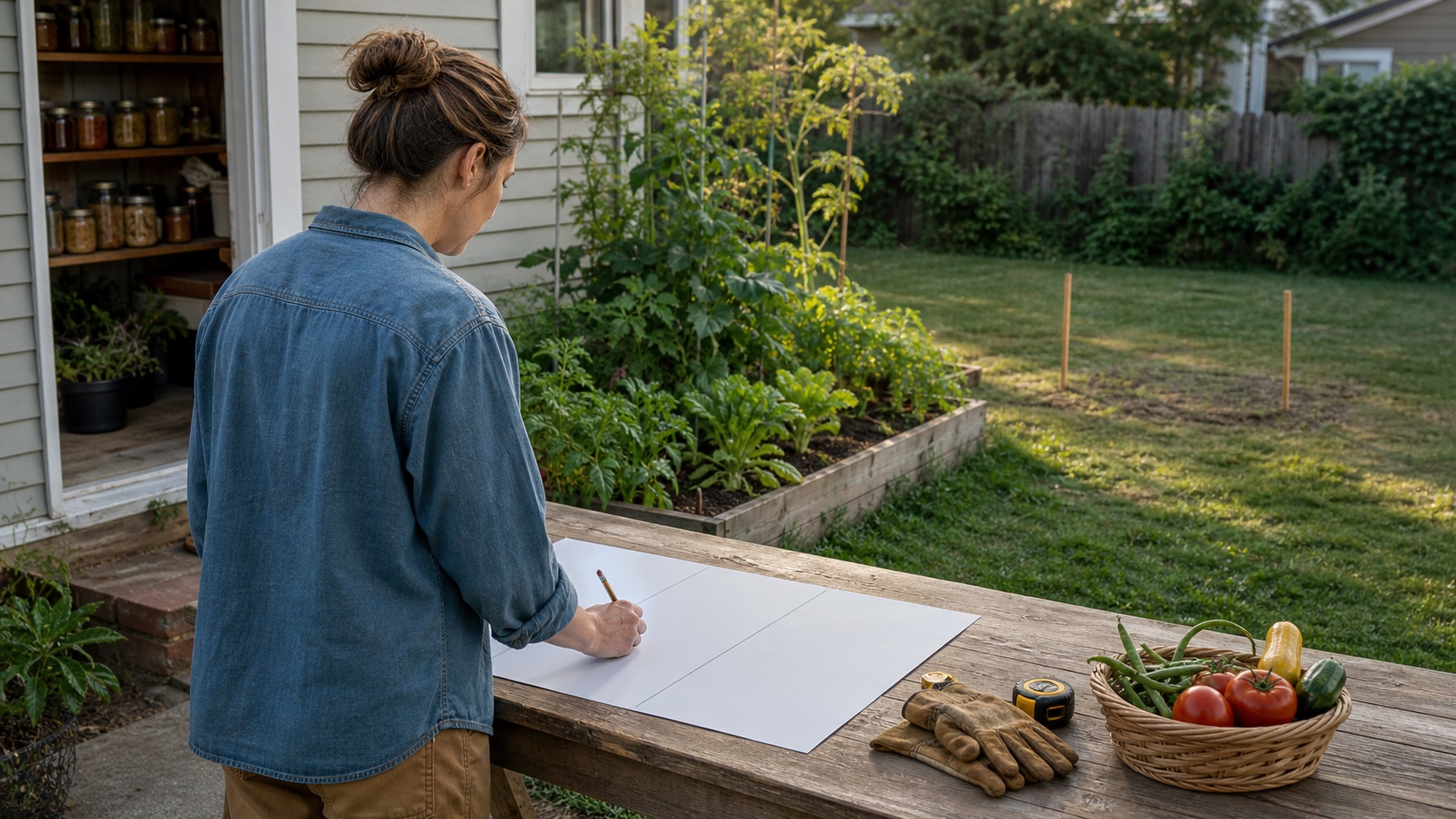 A beginner homesteader dividing a blank plan into three sections beside a small garden, pantry shelves, and a staked future project area