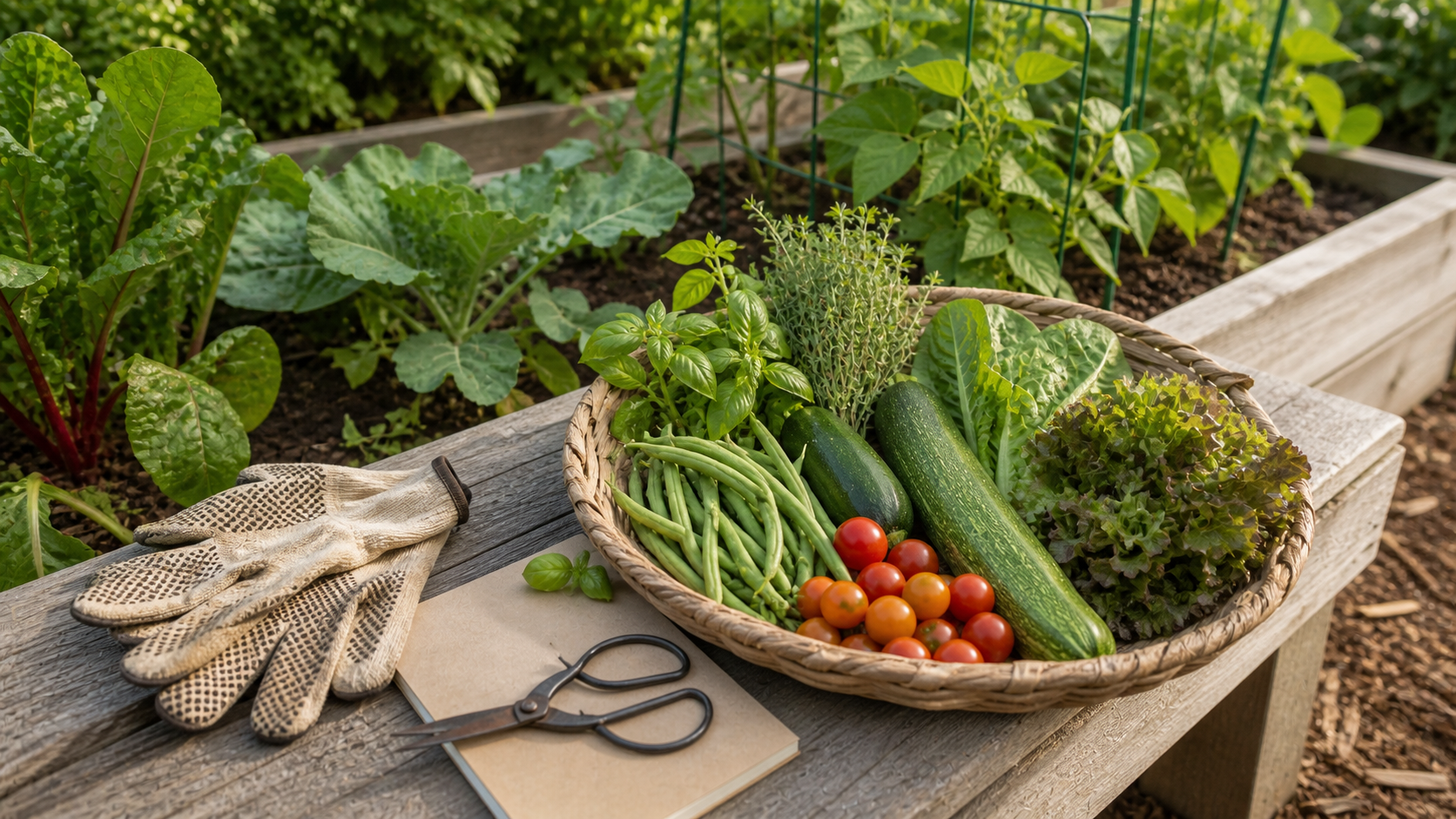 First beginner garden harvest basket with green beans, zucchini, cherry tomatoes, herbs, leafy greens, gloves, scissors, and a notebook on a raised bed