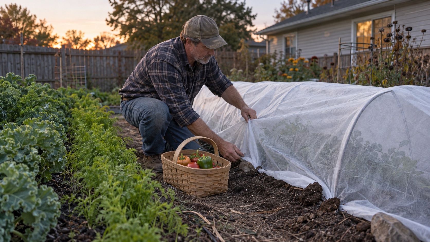 Man securing white frost cloth over a low garden bed beside harvested tomatoes and peppers while kale and carrots remain uncovered
