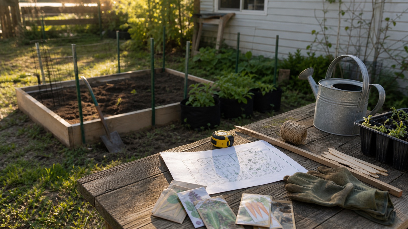Beginner garden planning table with a sketch, seed packets, twine, gloves, watering can, and a small marked garden bed nearby