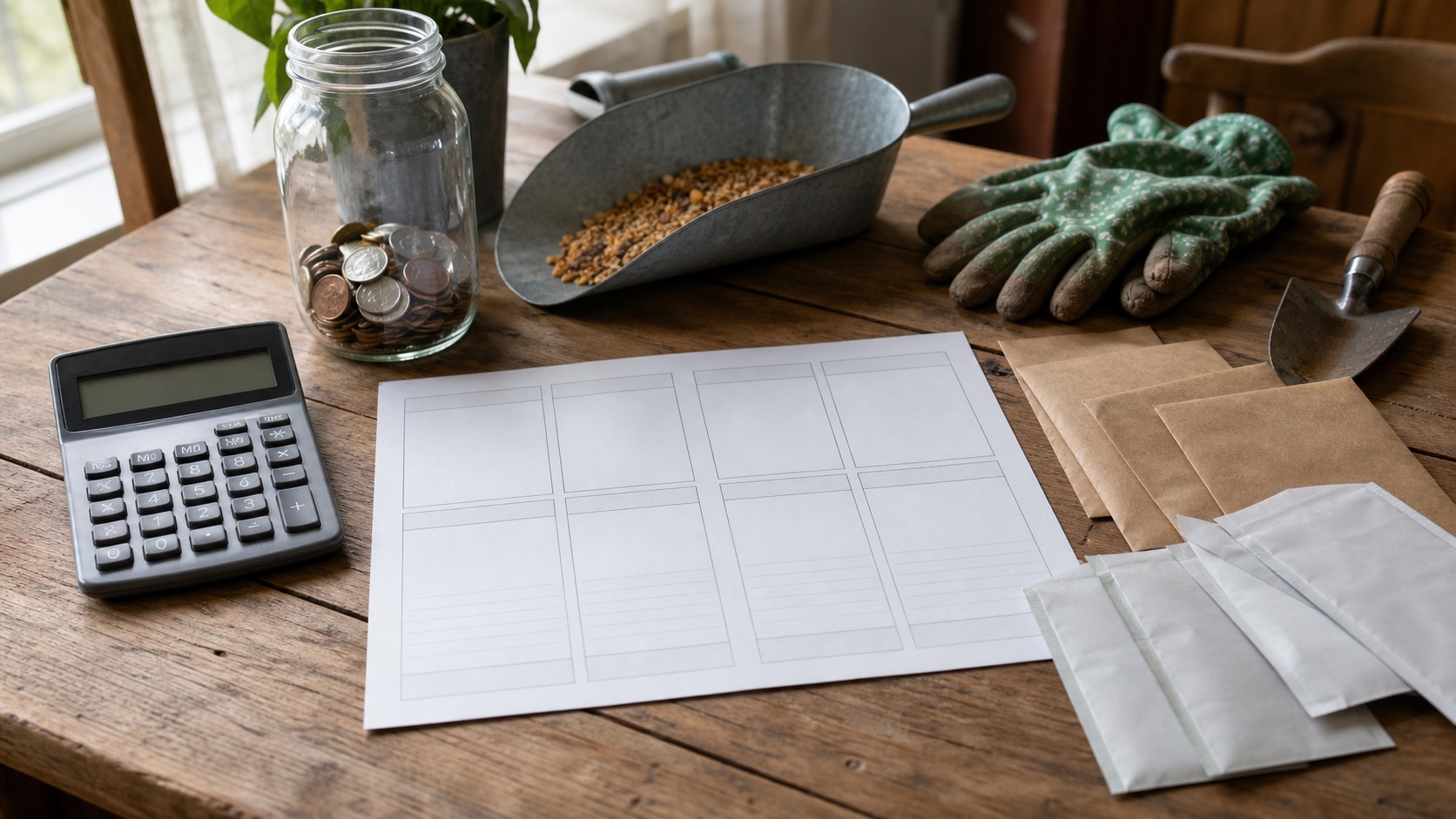 A first-year homestead budget worksheet with cash envelopes, coin jar, calculator, feed scoop, garden gloves, and hand trowel on a kitchen table