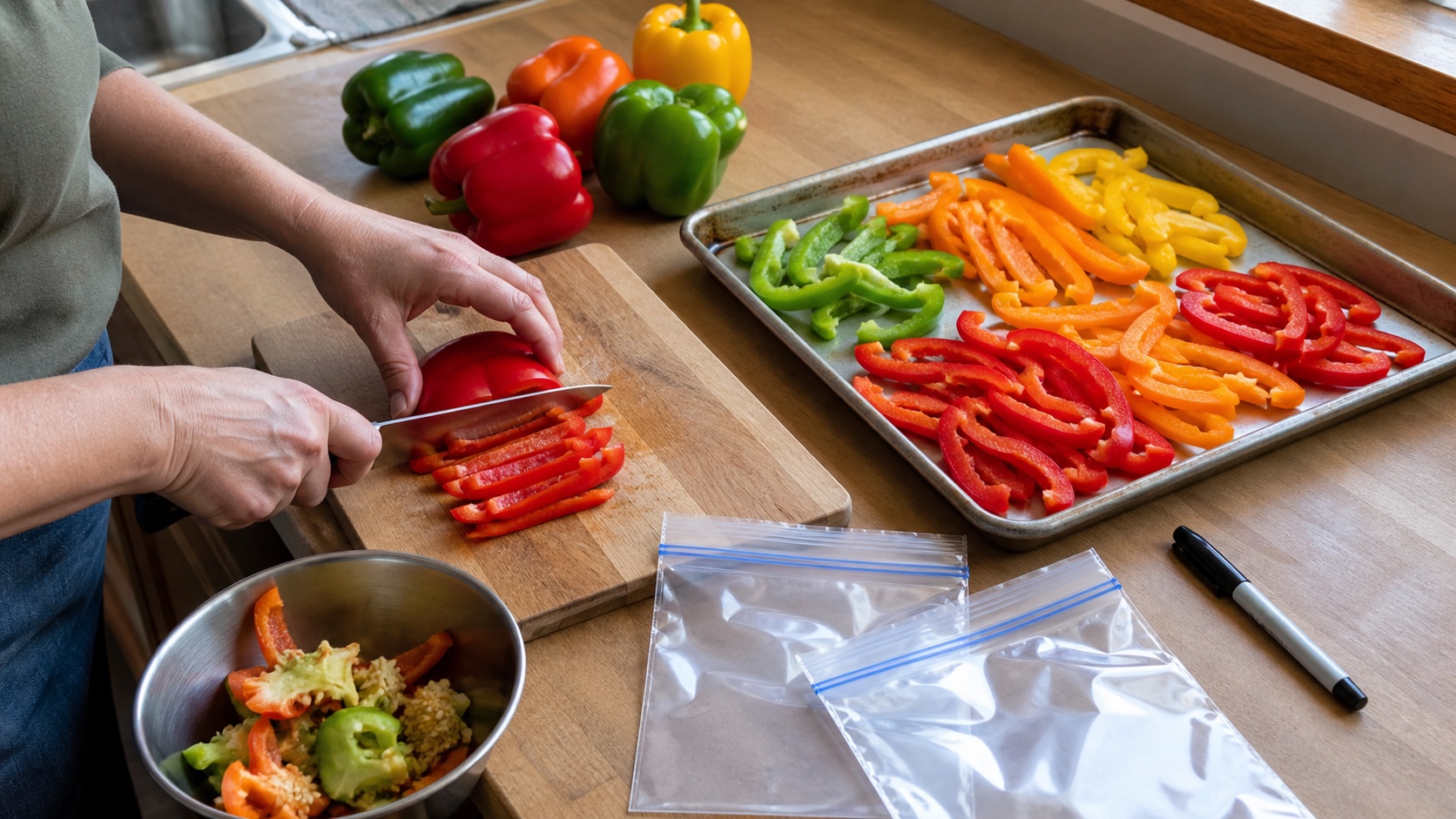 Hands slicing washed red bell peppers beside multicolor pepper strips arranged on a rimmed sheet pan for freezing