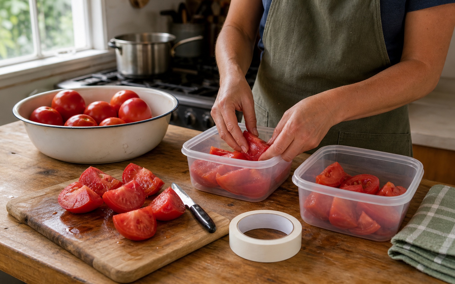 Hands portioning peeled ripe tomato pieces into freezer containers with room left for expansion