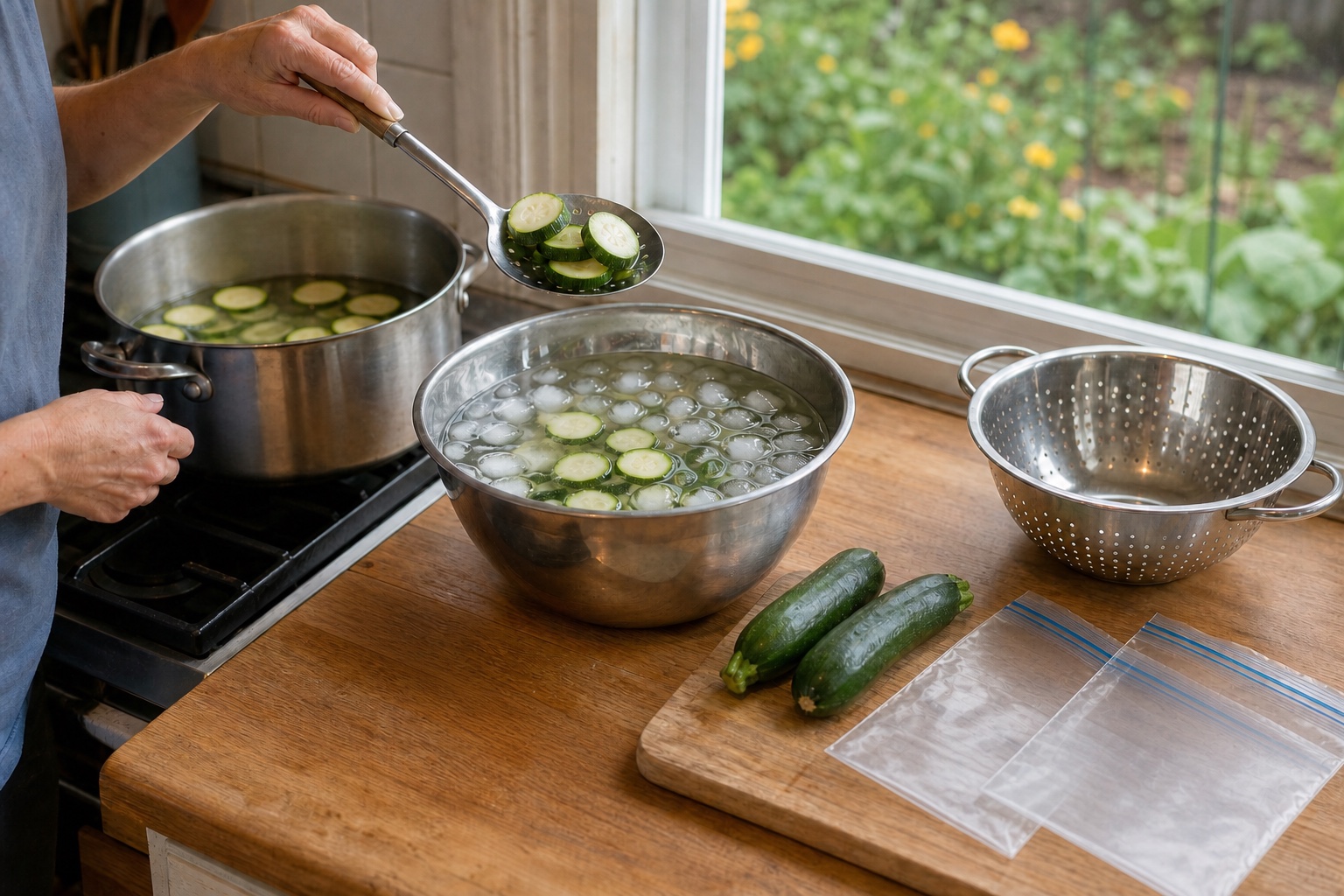 Hands moving blanched zucchini slices from a pot into an ice-water bath before freezing