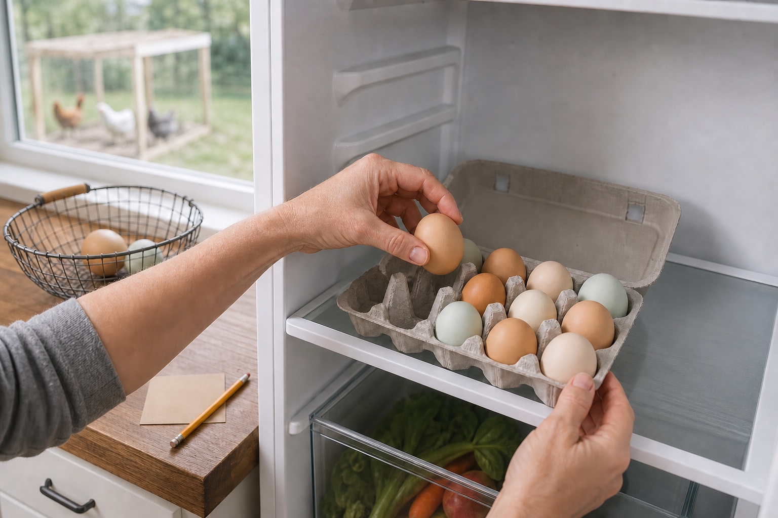 Hands placing clean backyard chicken eggs into a plain carton on an interior refrigerator shelf