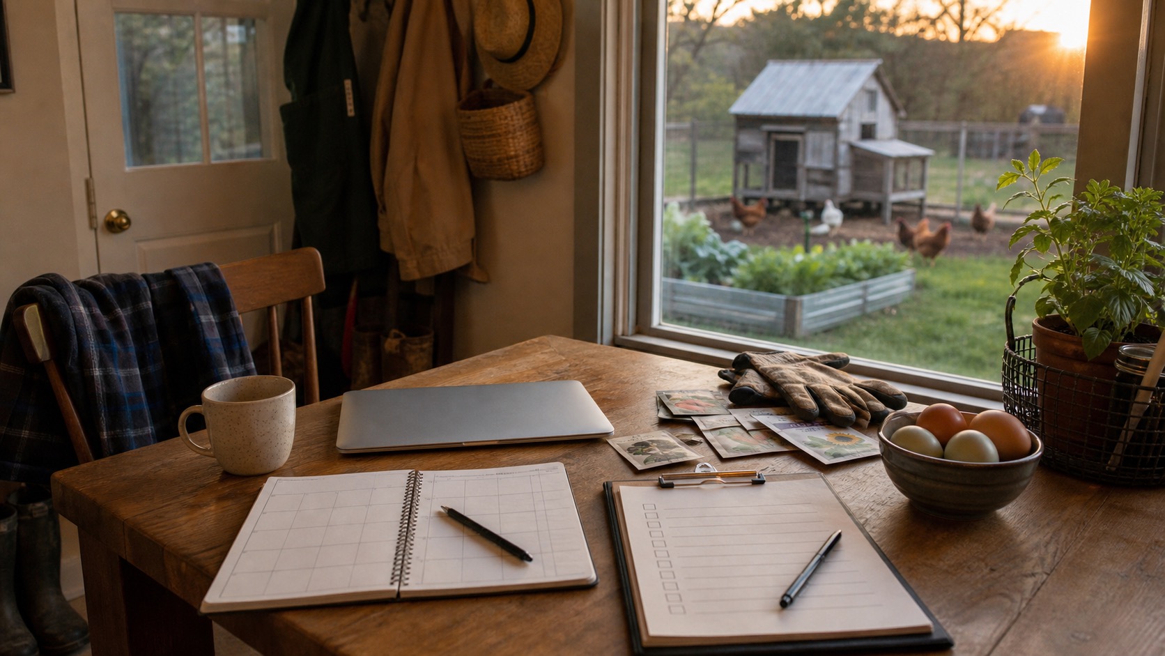 Evening planning table with a closed laptop, weekly planner, seed packets, garden gloves, eggs, and a small backyard garden and chicken coop outside the window