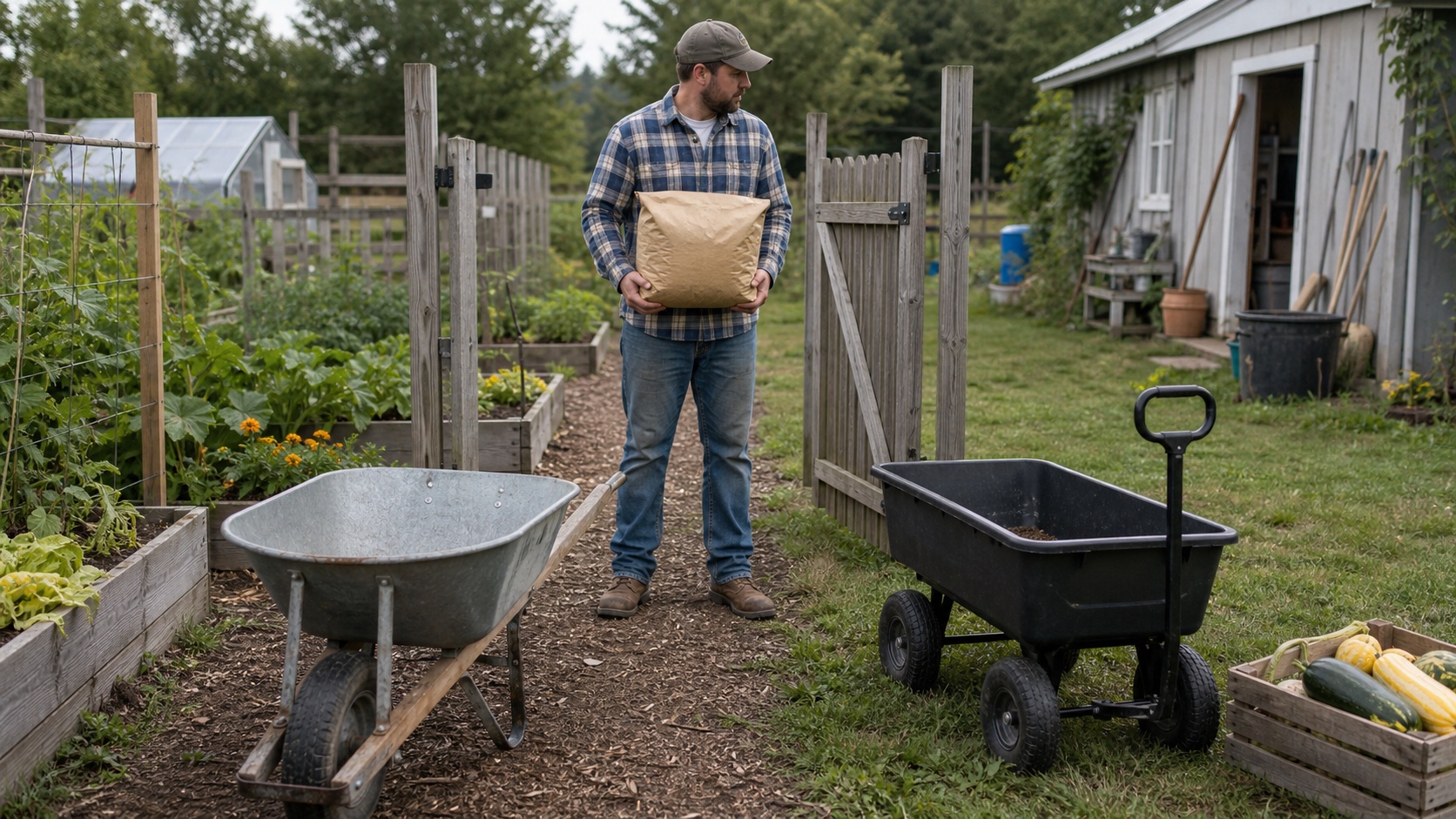 A homesteader compares a single-wheel wheelbarrow on a narrow garden path with a four-wheel dump cart on open grass beside a garden gate